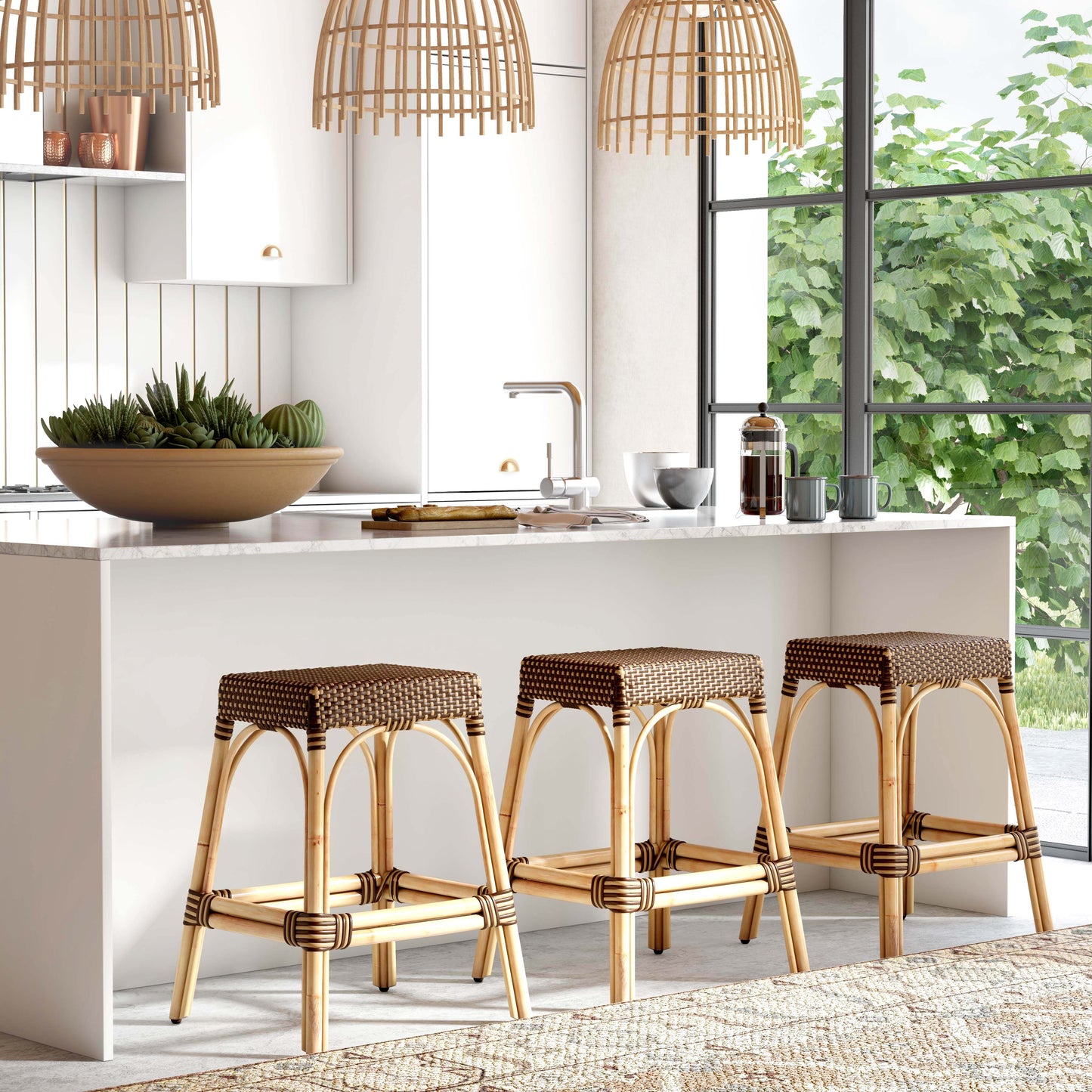 Robias Rectangular Rattan 24.5" Counter Stool in Brown and Tan Dot 5513354