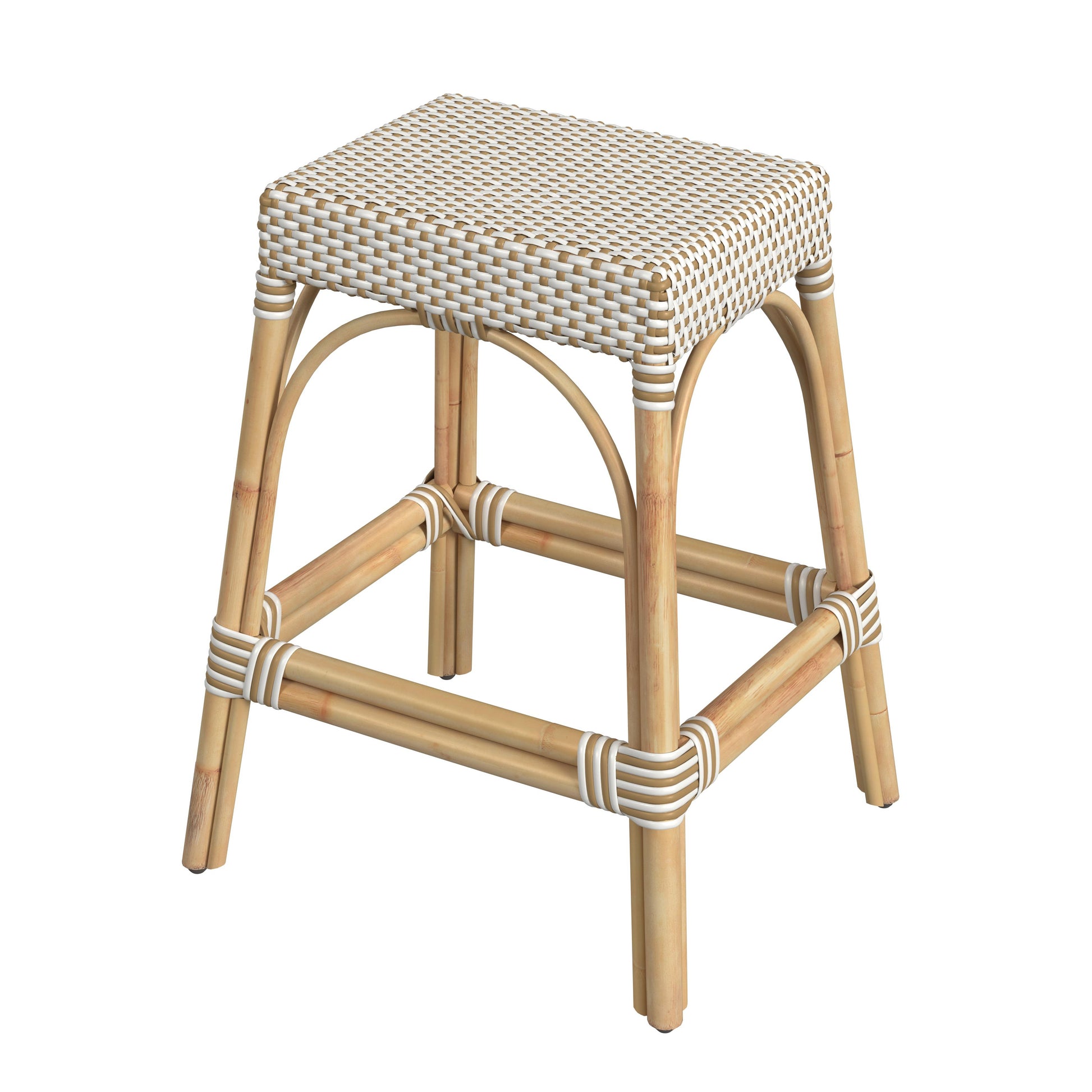 Butler Specialty Company Robias 24.5 in. Seat Height Rectangular Rattan Backless Counter Stool with Footrest, White and Tan Dot