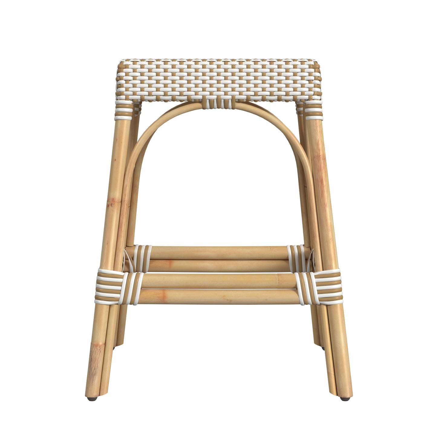 Butler Specialty Company Robias 24.5 in. Seat Height Rectangular Rattan Backless Counter Stool with Footrest, White and Tan Dot