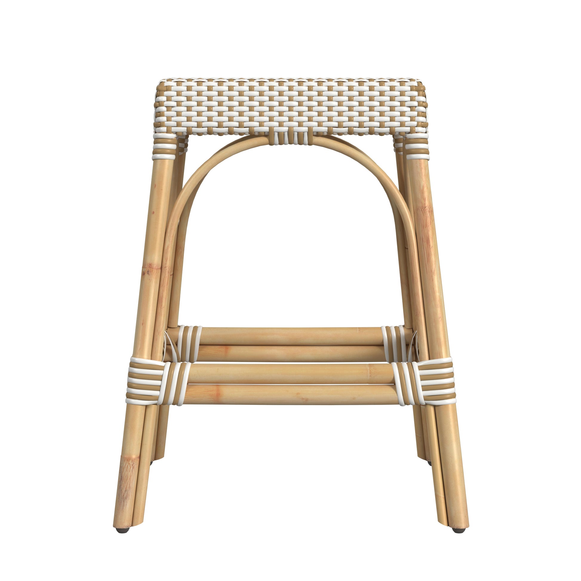 Butler Specialty Company Robias 24.5 in. Seat Height Rectangular Rattan Backless Counter Stool with Footrest, White and Tan Dot