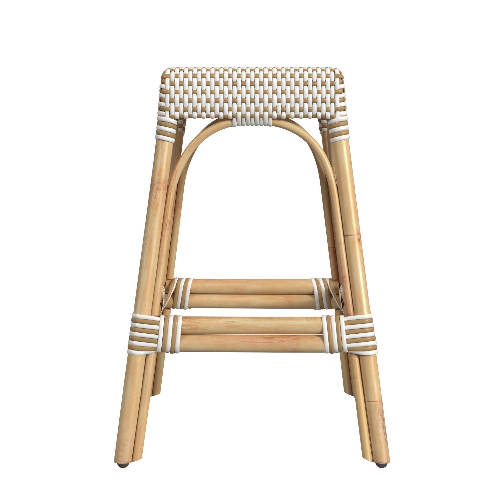 Butler Specialty Company Robias 24.5 in. Seat Height Rectangular Rattan Backless Counter Stool with Footrest, White and Tan Dot