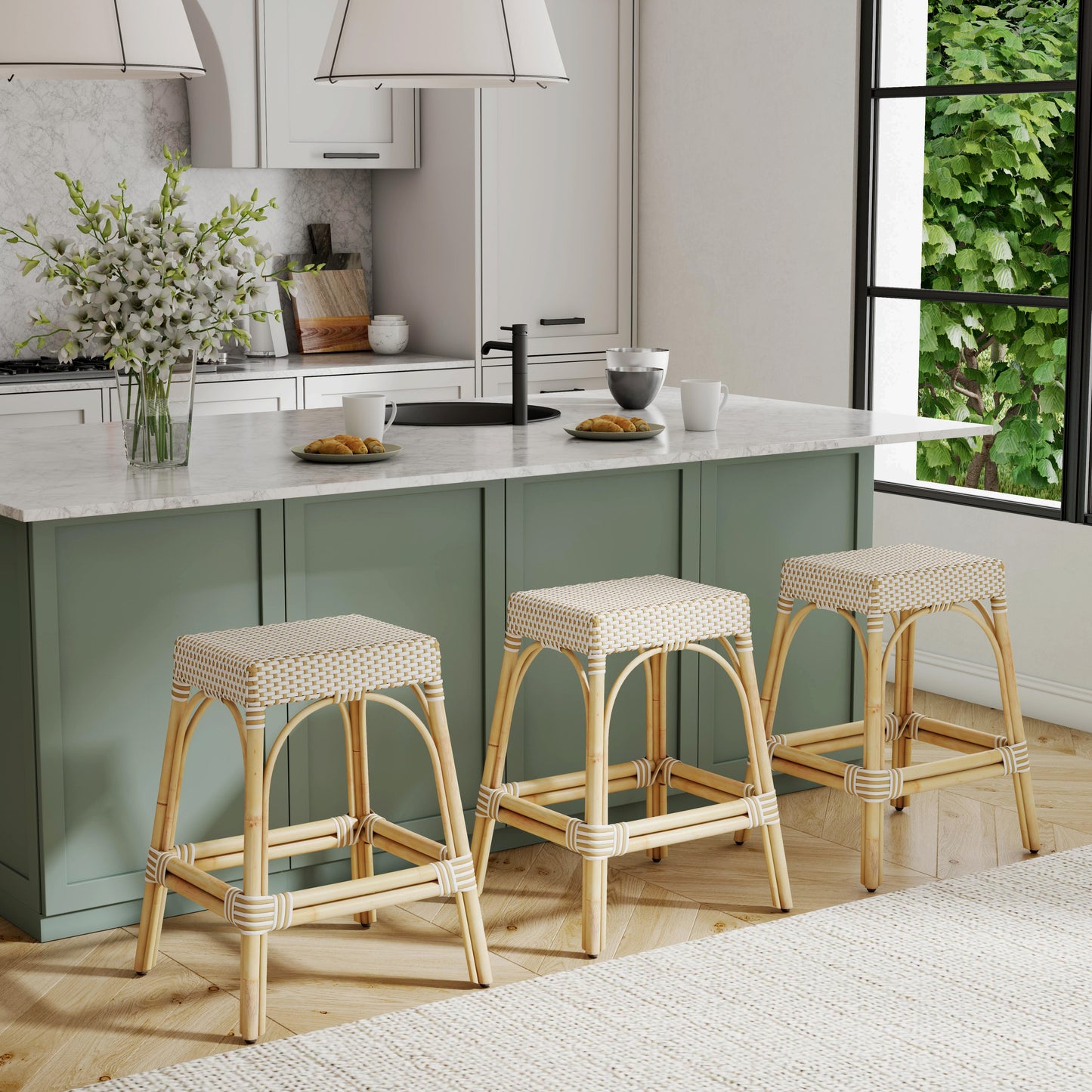 Butler Specialty Company Robias 24.5 in. Seat Height Rectangular Rattan Backless Counter Stool with Footrest, White and Tan Dot