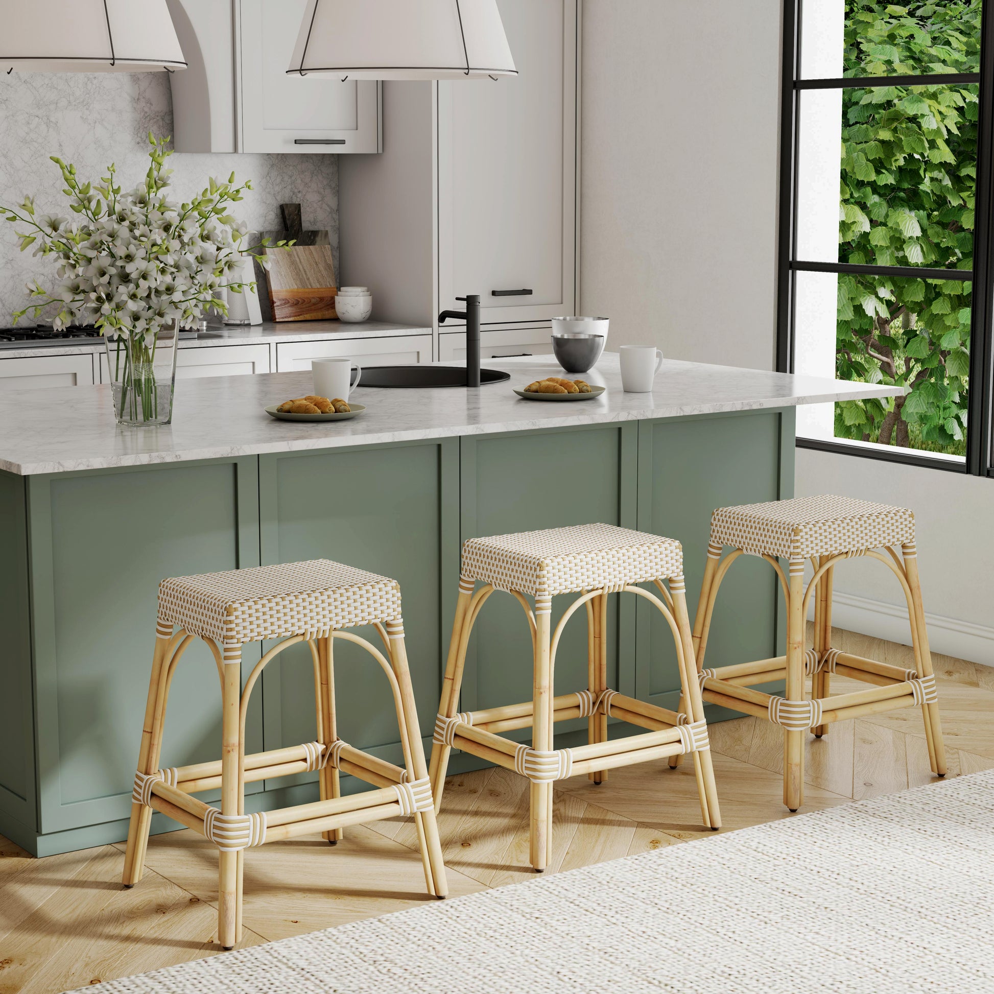 Butler Specialty Company Robias 24.5 in. Seat Height Rectangular Rattan Backless Counter Stool with Footrest, White and Tan Dot