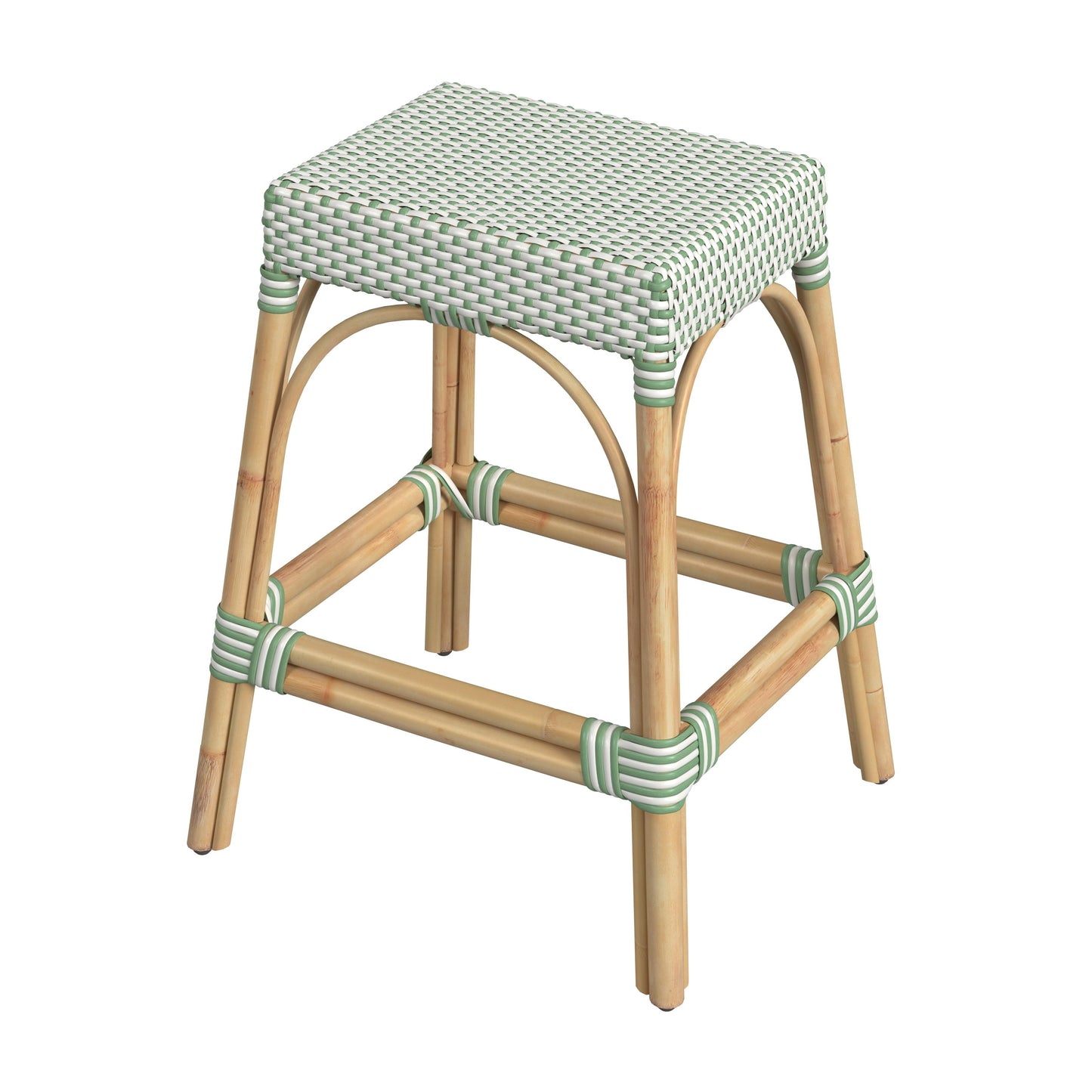 Butler Specialty Company Robias 24.5 in. Seat Height Rectangular Rattan Backless Counter Stool with Footrest, White and Green Dot