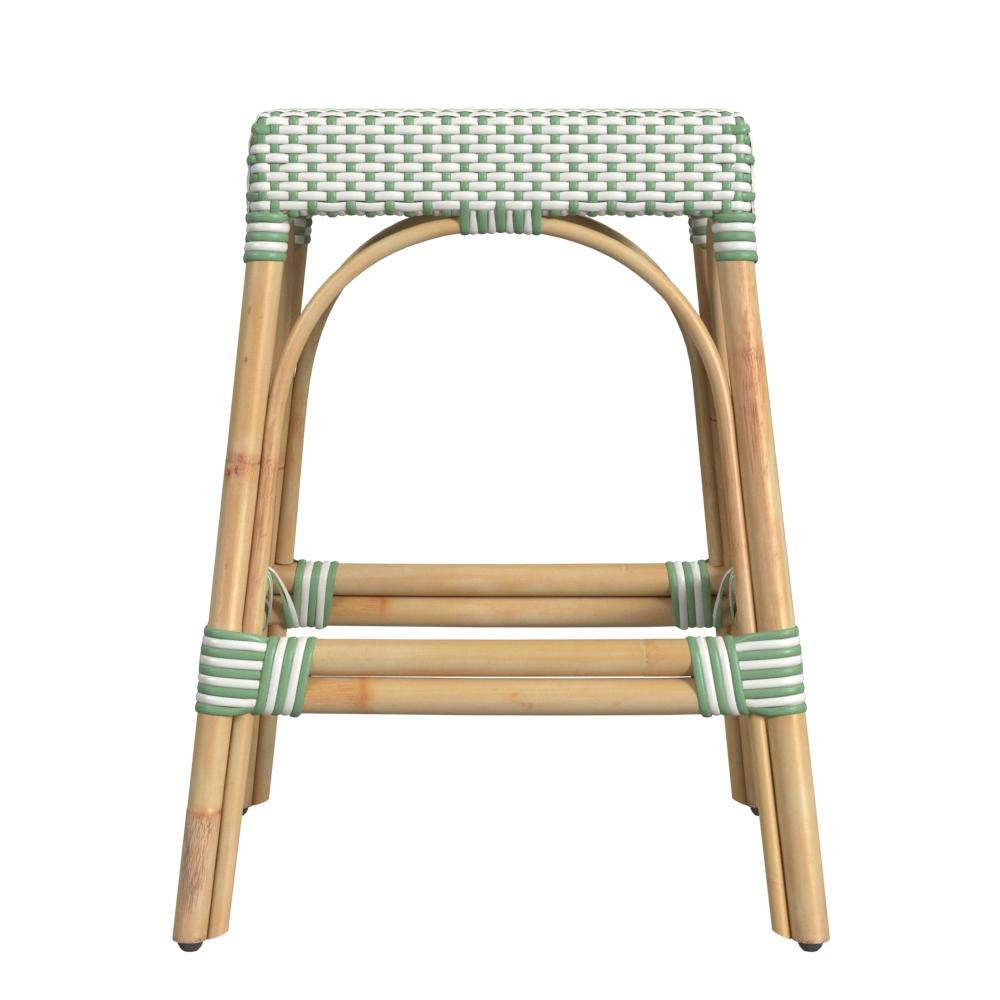 Butler Specialty Company Robias 24.5 in. Seat Height Rectangular Rattan Backless Counter Stool with Footrest, White and Green Dot