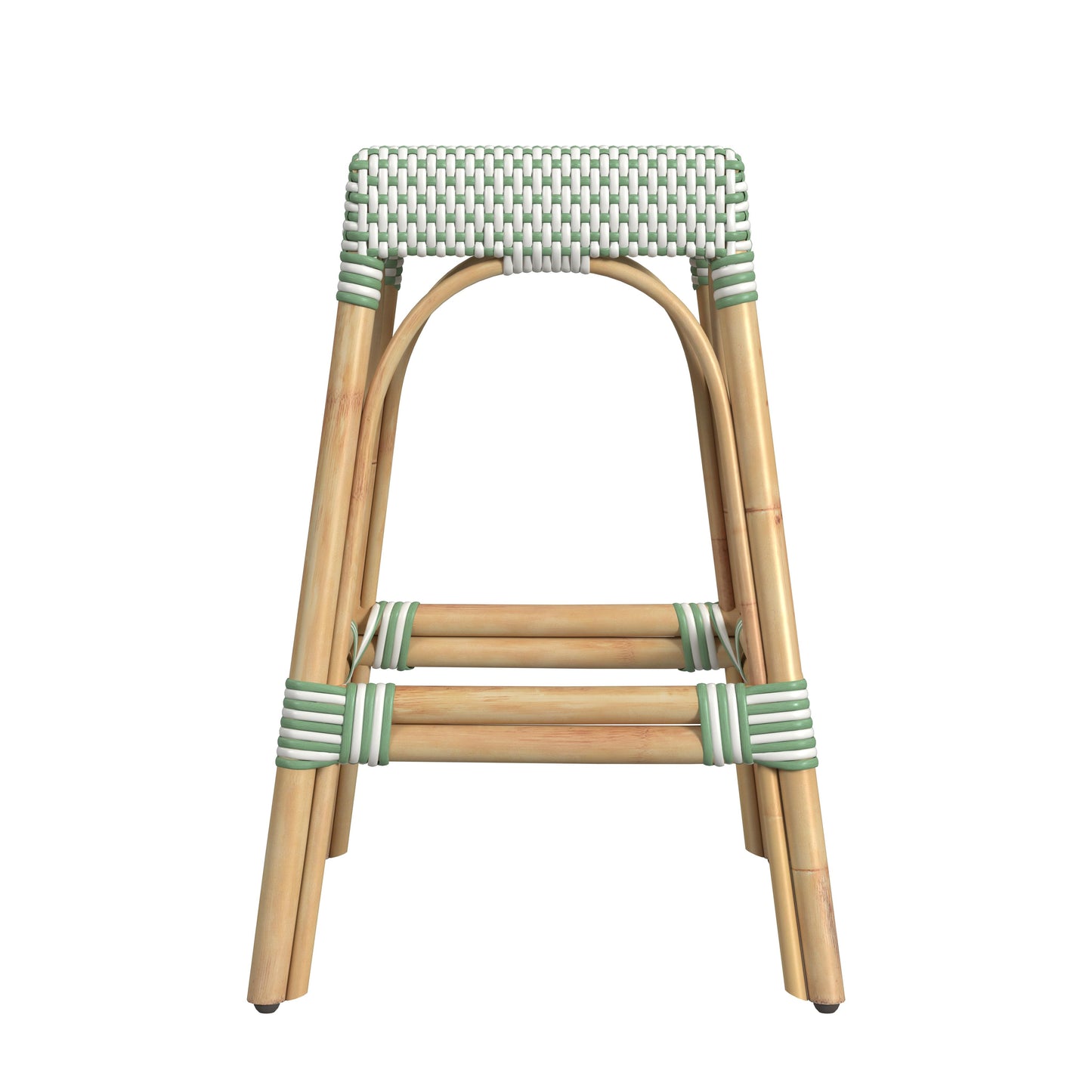 Butler Specialty Company Robias 24.5 in. Seat Height Rectangular Rattan Backless Counter Stool with Footrest, White and Green Dot