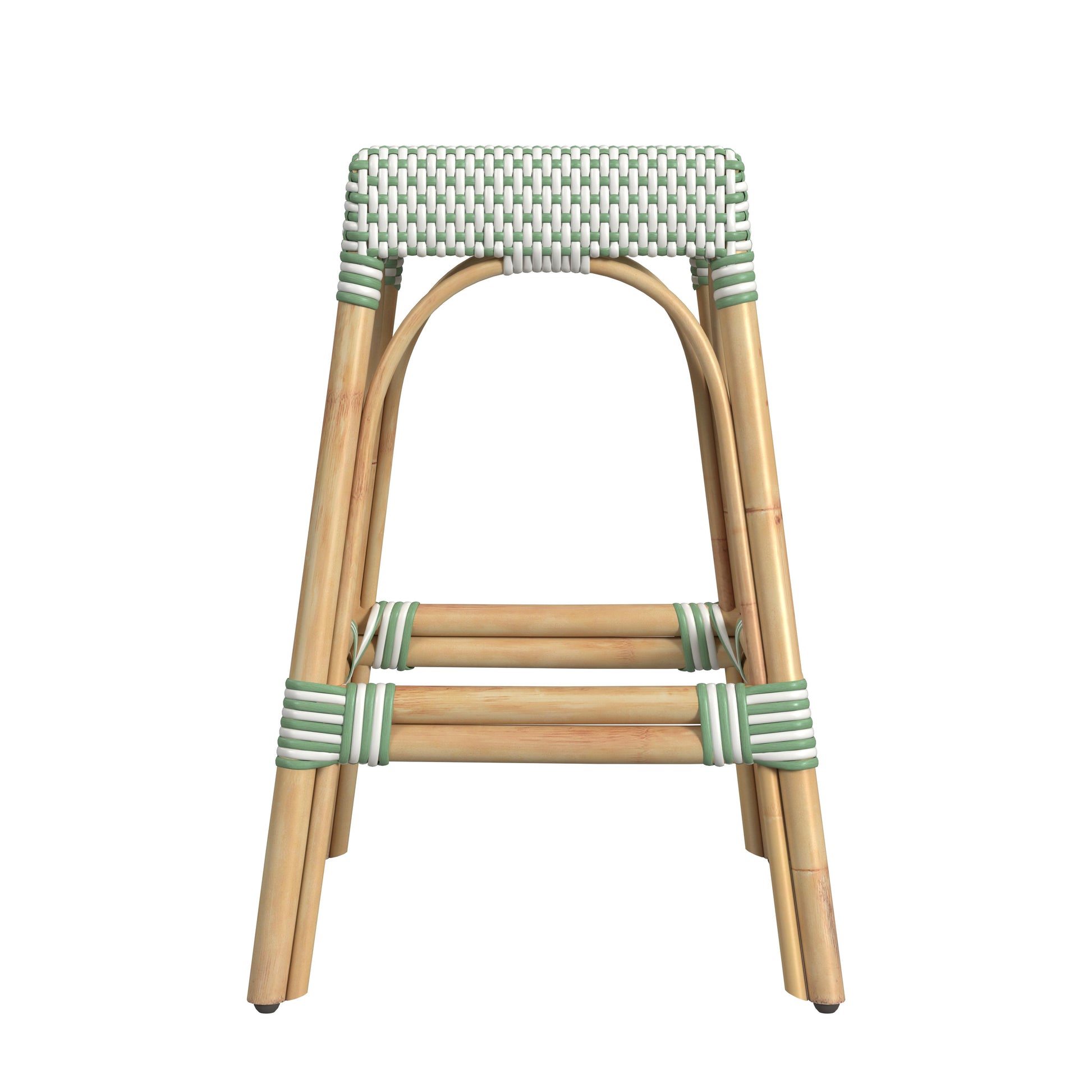 Butler Specialty Company Robias 24.5 in. Seat Height Rectangular Rattan Backless Counter Stool with Footrest, White and Green Dot
