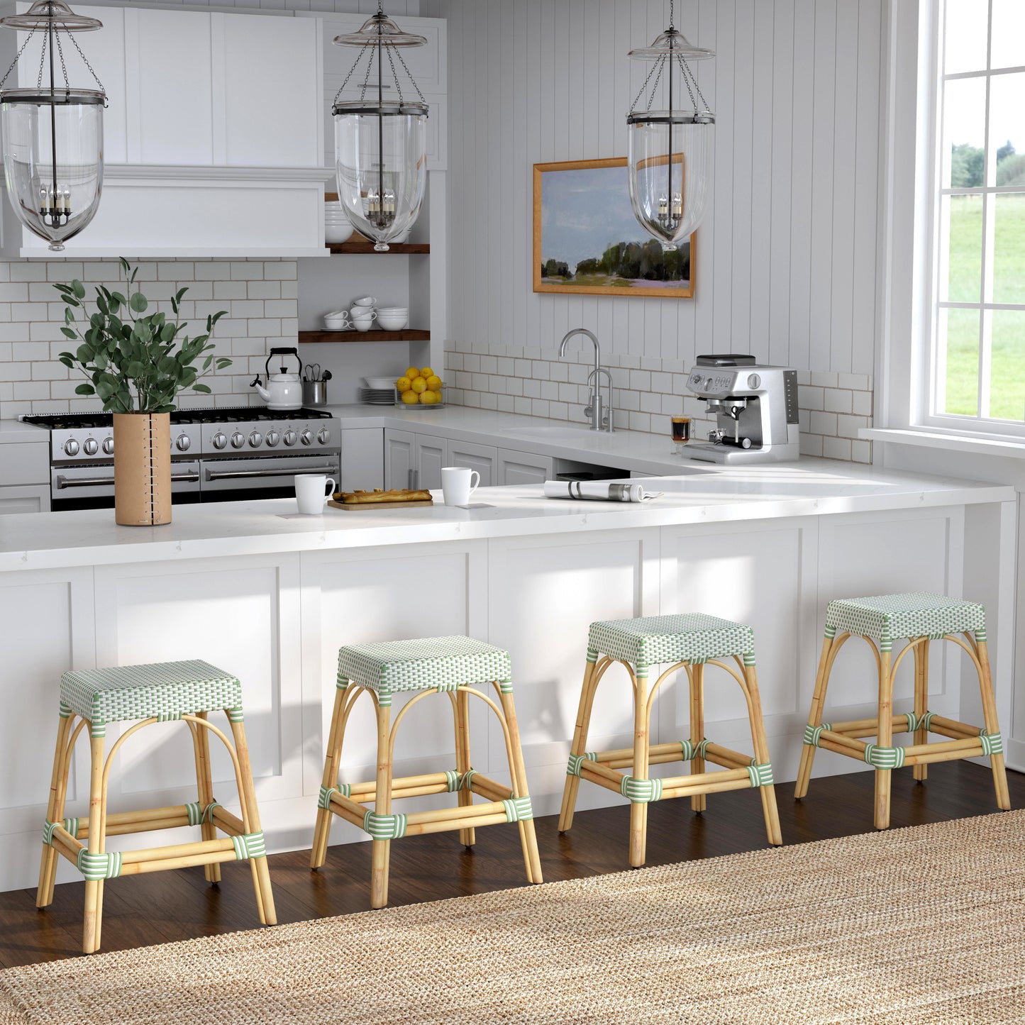 Butler Specialty Company Robias 24.5 in. Seat Height Rectangular Rattan Backless Counter Stool with Footrest, White and Green Dot