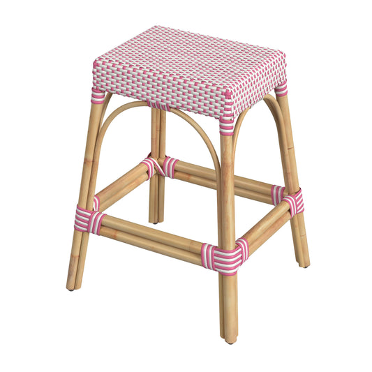 Butler Specialty Company Robias 24.5 in. Seat Height Rectangular Rattan Backless Counter Stool with Footrest, White and Pink Dot