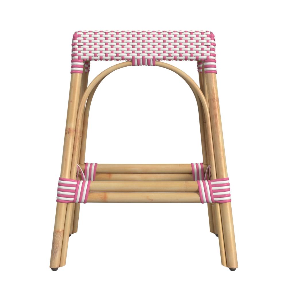 Butler Specialty Company Robias 24.5 in. Seat Height Rectangular Rattan Backless Counter Stool with Footrest, White and Pink Dot