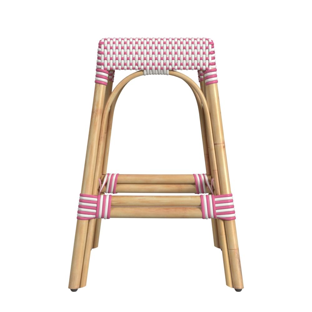 Butler Specialty Company Robias 24.5 in. Seat Height Rectangular Rattan Backless Counter Stool with Footrest, White and Pink Dot