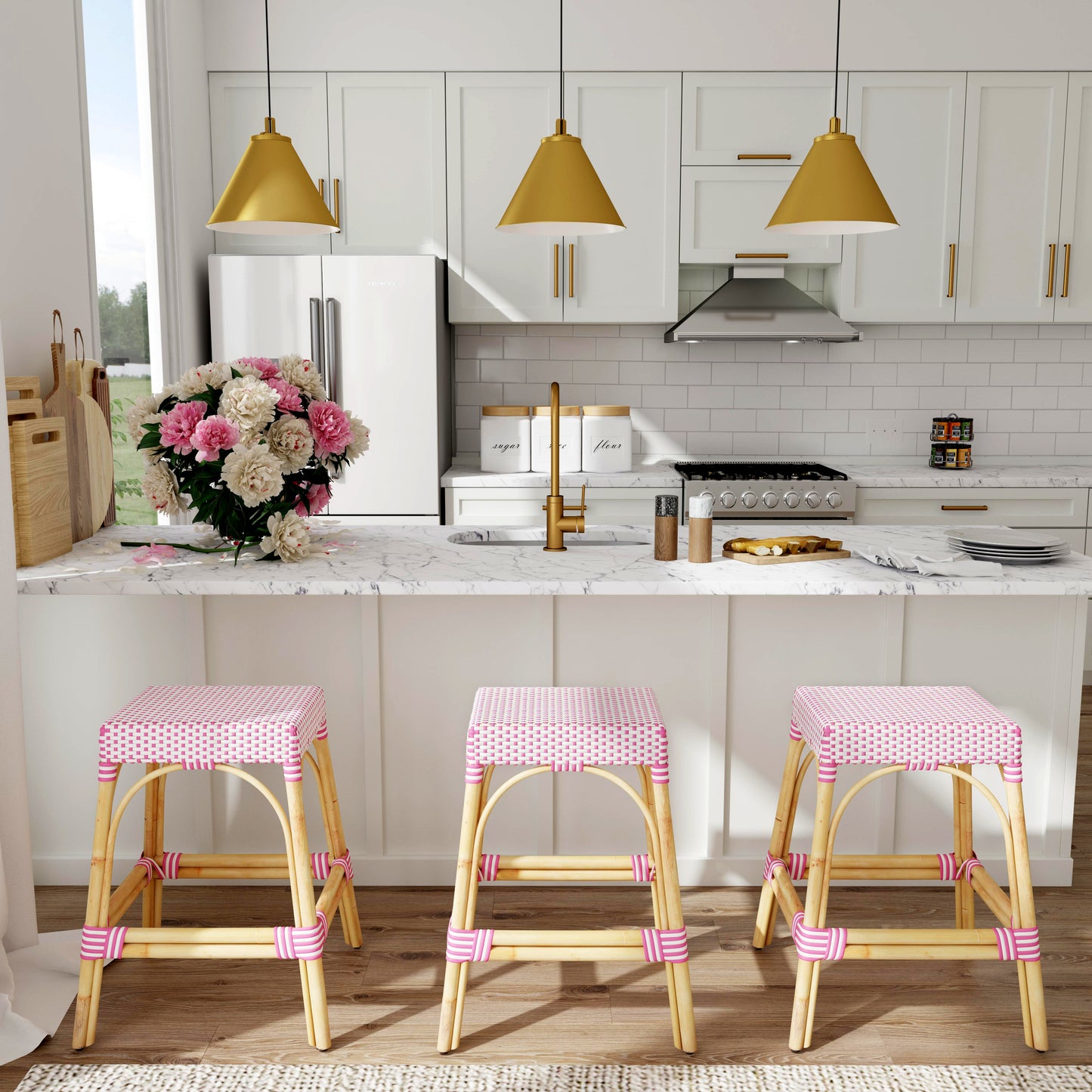 Butler Specialty Company Robias 24.5 in. Seat Height Rectangular Rattan Backless Counter Stool with Footrest, White and Pink Dot