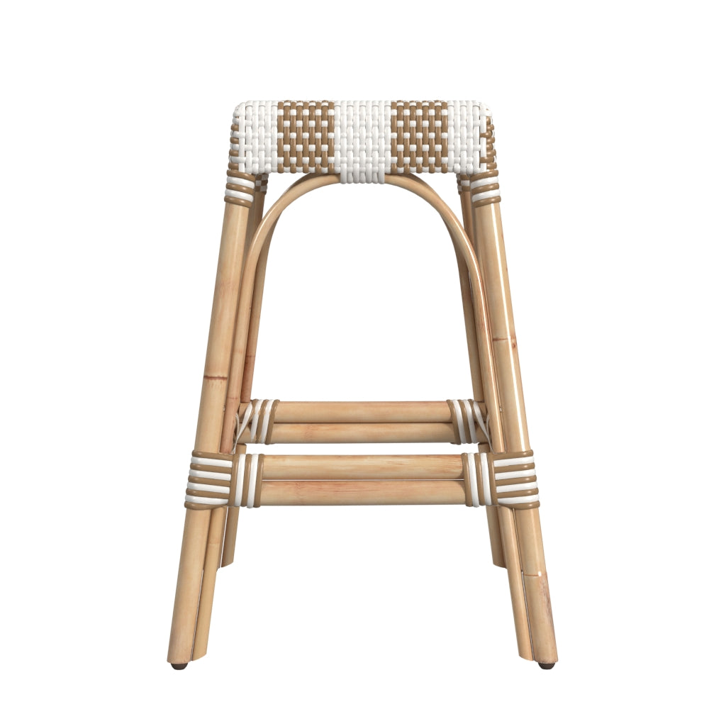 Butler Specialty Company Robias 24.5 in. Seat Height Rectangular Rattan Counter Stool, Tan and White Stripe
