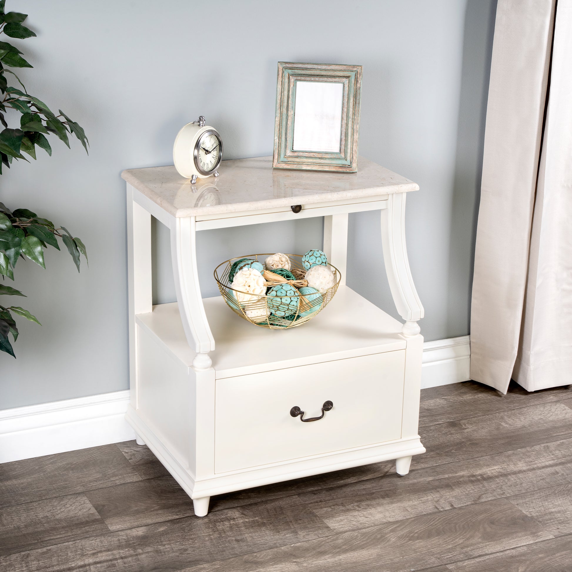 Butler Specialty Company Mabel 24 in. W Rectangular Marble and Wood 1 Drawer Nightstand with Top Open Shelf, White