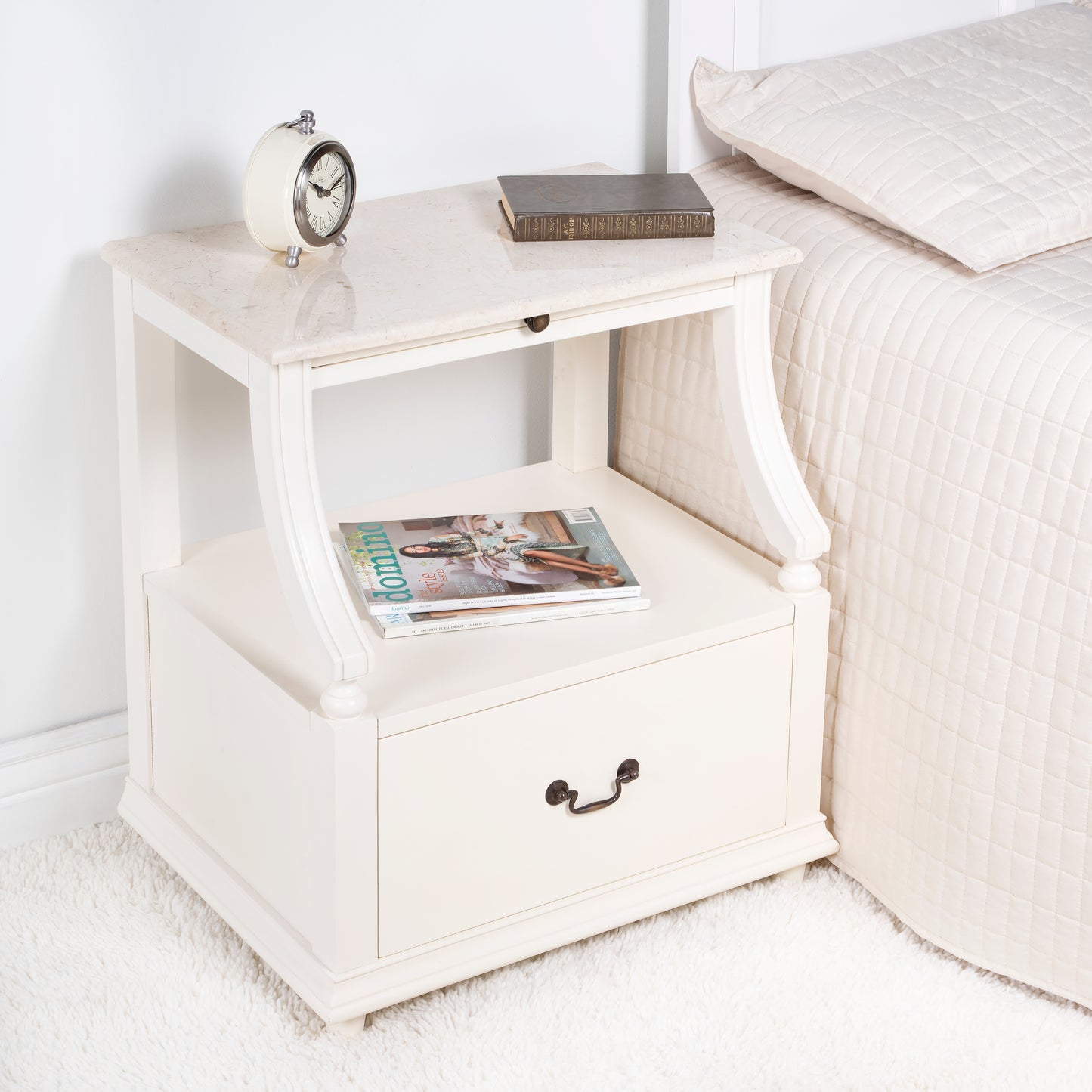 Butler Specialty Company Mabel 24 in. W Rectangular Marble and Wood 1 Drawer Nightstand with Top Open Shelf, White