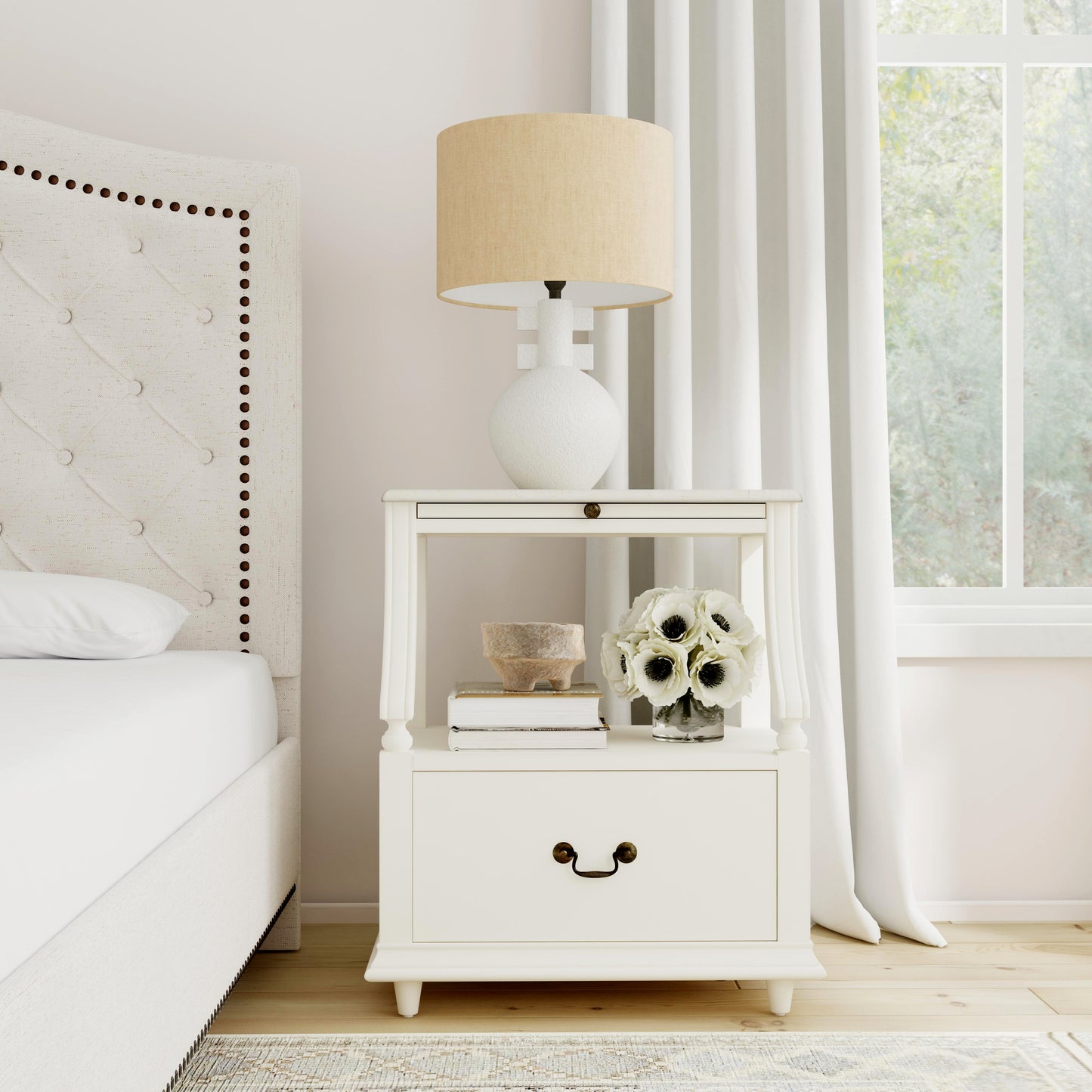 Butler Specialty Company Mabel 24 in. W Rectangular Marble and Wood 1 Drawer Nightstand with Top Open Shelf, White
