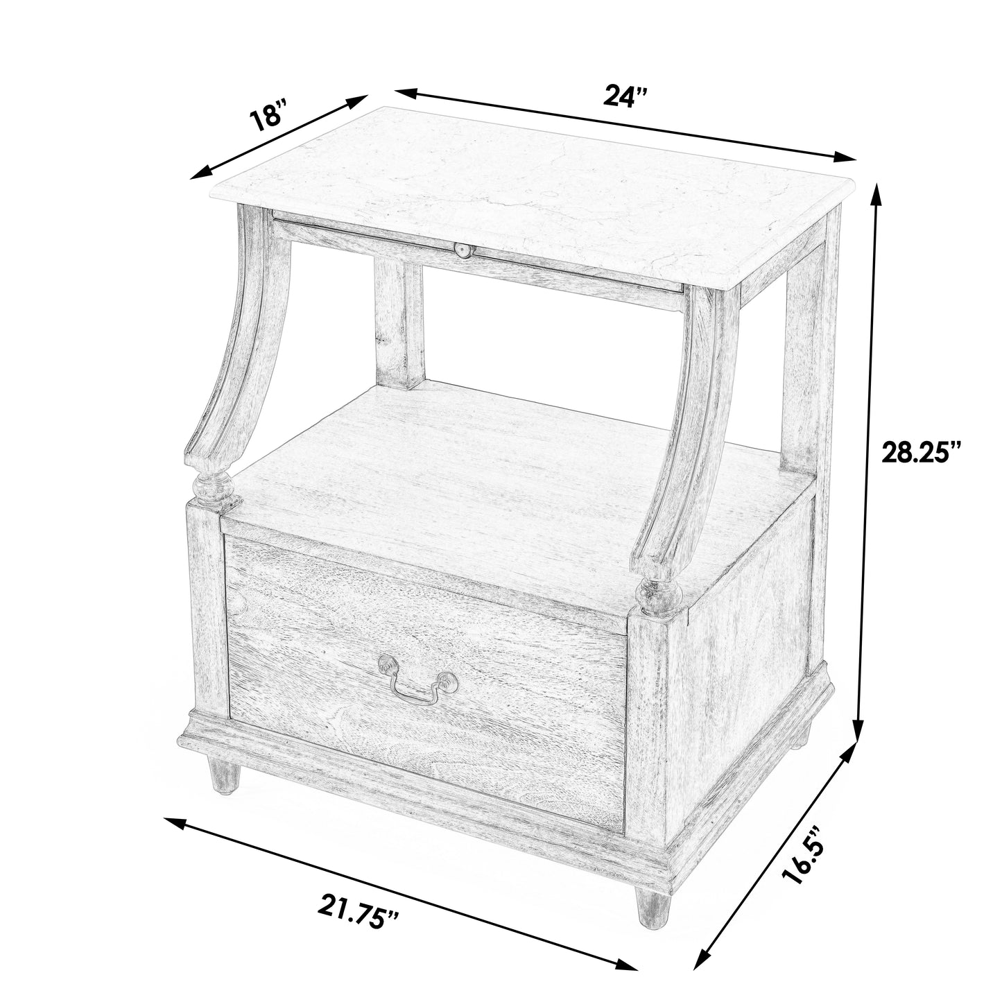 Butler Specialty Company Mabel 24 in. W Rectangular Marble and Wood 1 Drawer Nightstand with Top Open Shelf, White