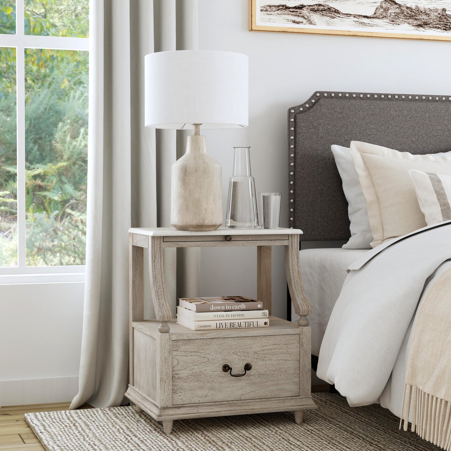Butler Specialty Company Mabel 24 in. W Rectangular Marble and Wood 1 Drawer Nightstand with Top Open Shelf, Gray