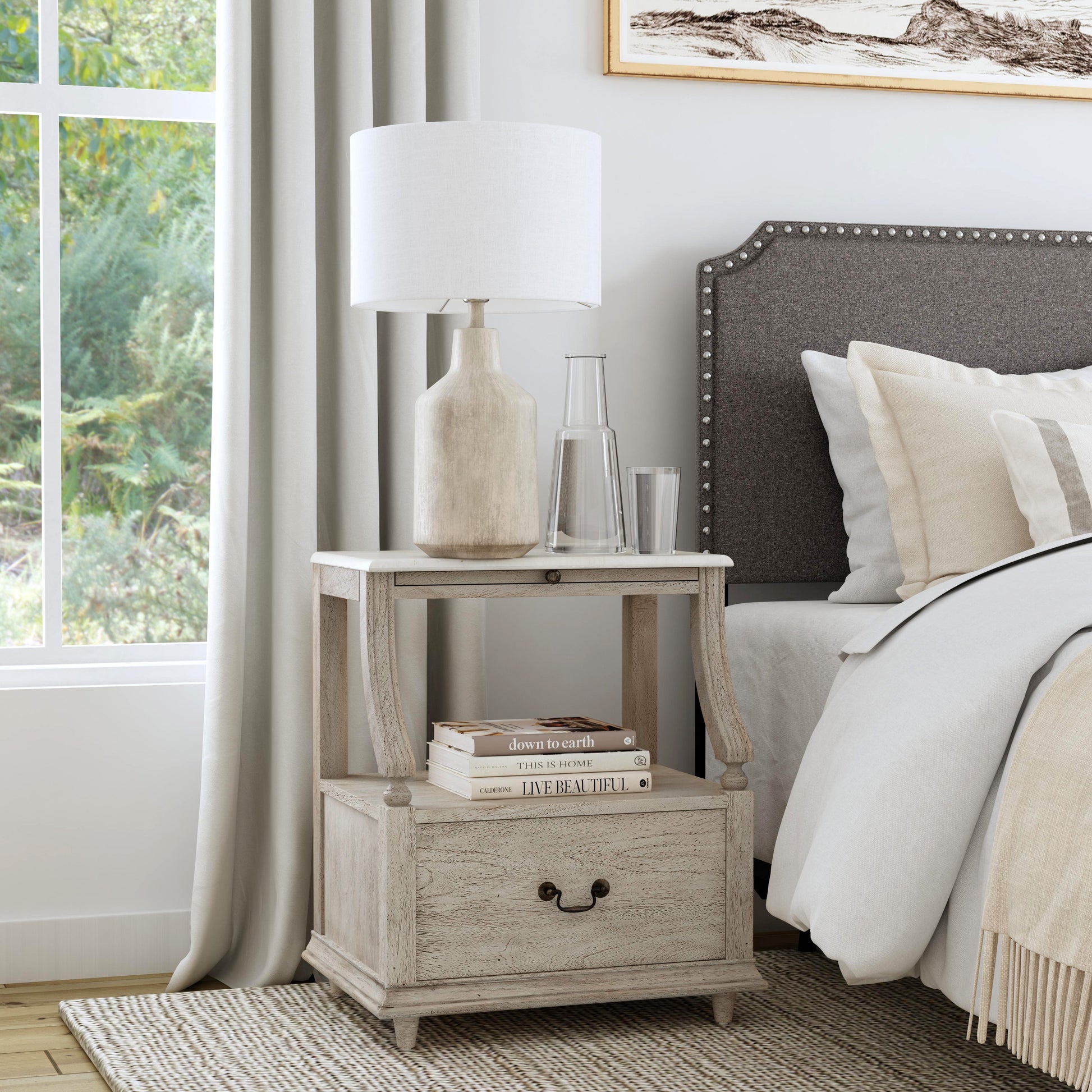 Butler Specialty Company Mabel 24 in. W Rectangular Marble and Wood 1 Drawer Nightstand with Top Open Shelf, Gray