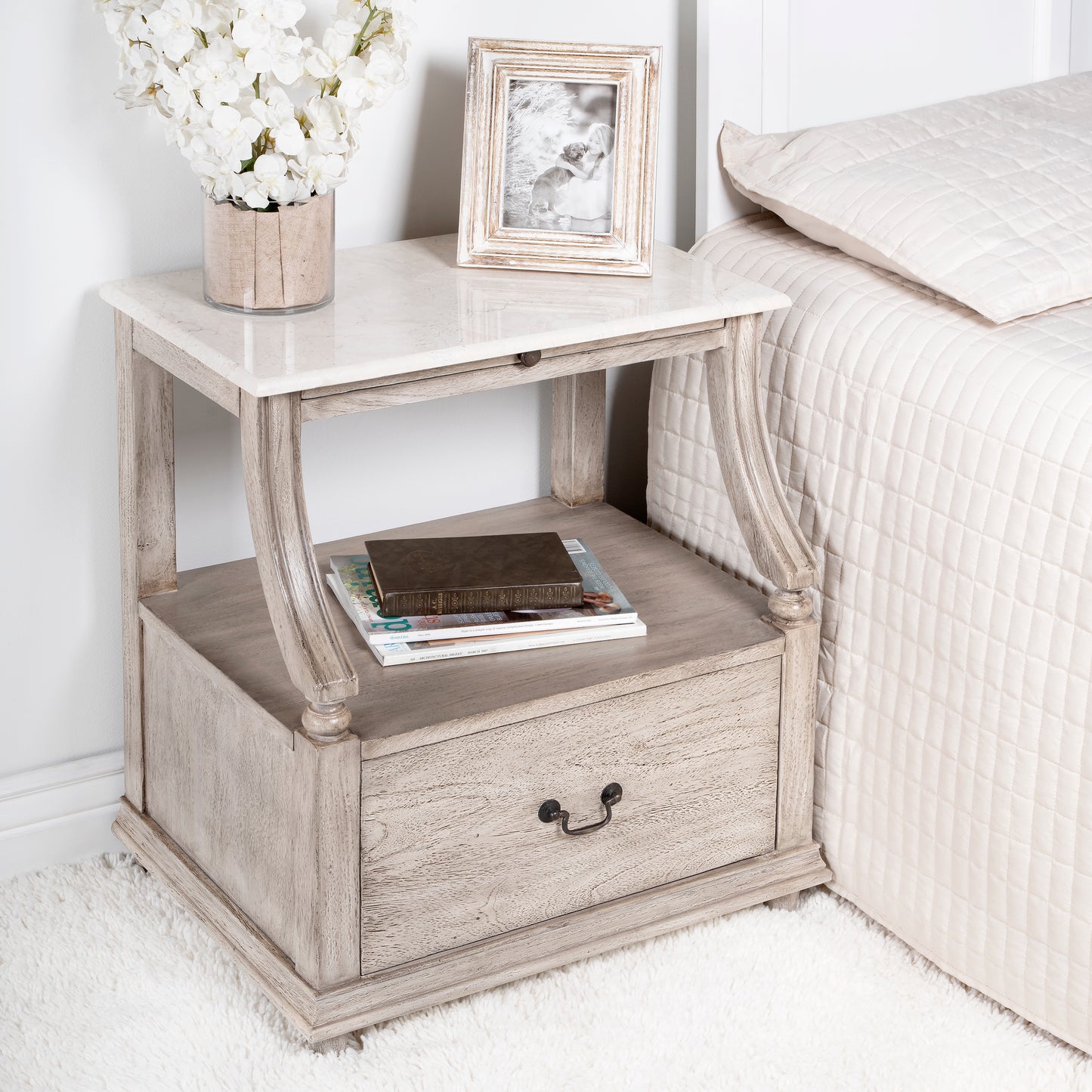 Butler Specialty Company Mabel 24 in. W Rectangular Marble and Wood 1 Drawer Nightstand with Top Open Shelf, Gray