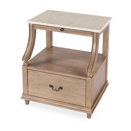 Butler Specialty Company Mabel 24 in. W Rectangular Marble and Wood 1 Drawer Nightstand with Top Open Shelf, Tan/Beige