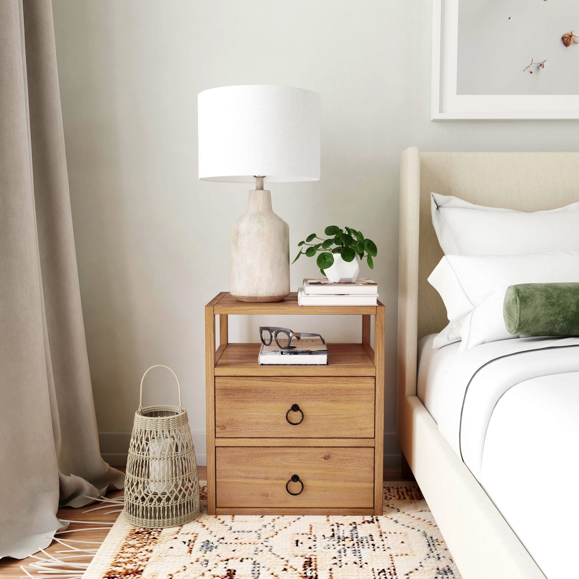 Butler Specialty Company Lark 21 in. W Wood 2 Drawer Nightstand with Open Storage Shelf, Light Brown