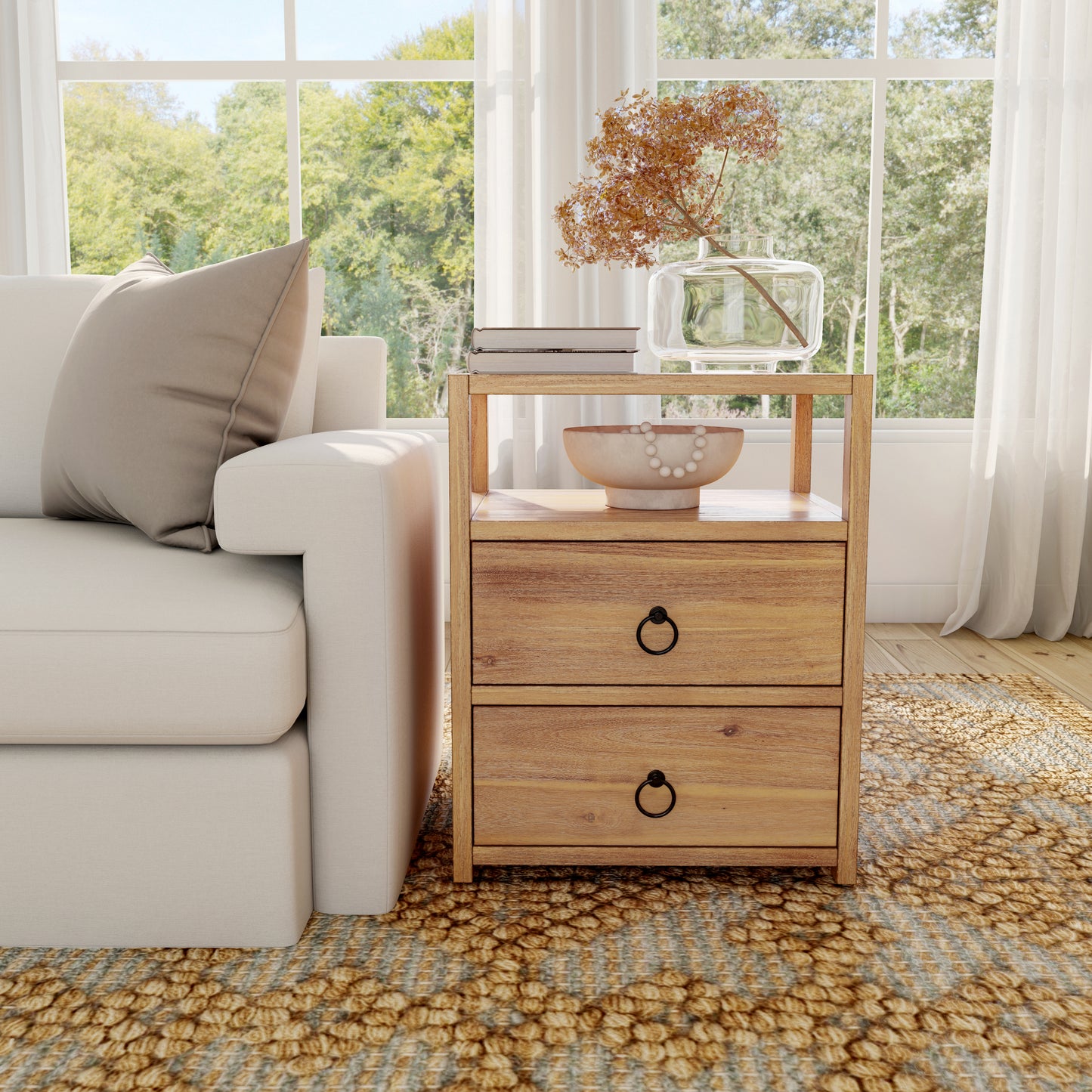 Butler Specialty Company Lark 21 in. W Wood 2 Drawer Nightstand with Open Storage Shelf, Light Brown