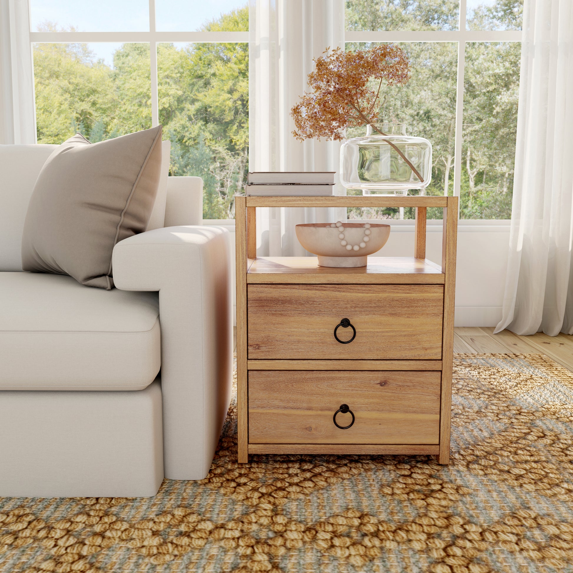 Butler Specialty Company Lark 21 in. W Wood 2 Drawer Nightstand with Open Storage Shelf, Light Brown