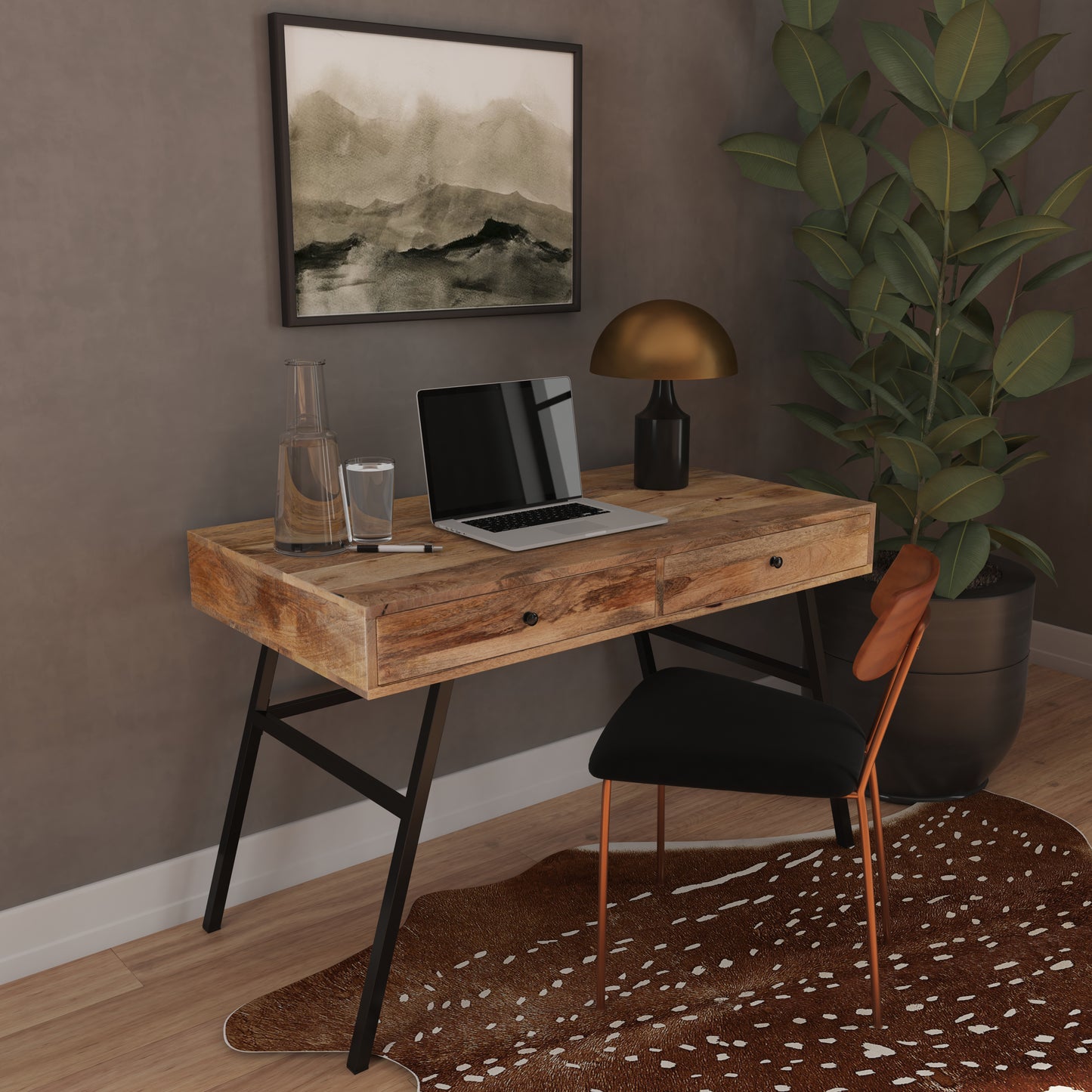 Butler Specialty Company Reison 47.5 in. W Rectangular Wood and Metal 2 Drawer Industrial Writing Desk, Light Brown