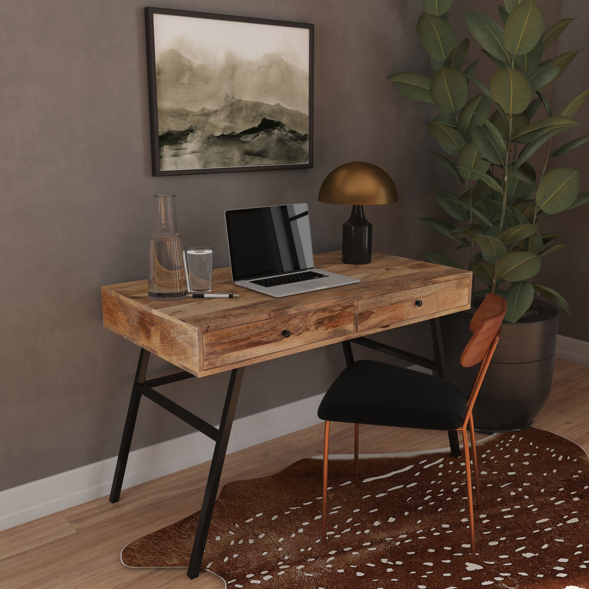Butler Specialty Company Reison 47.5 in. W Rectangular Wood and Metal 2 Drawer Industrial Writing Desk, Light Brown