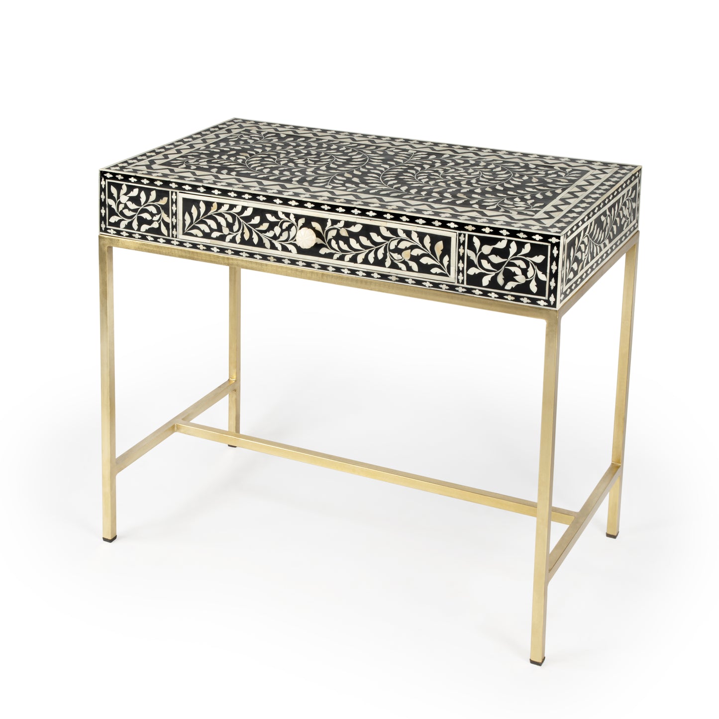 Butler Specialty Company Perilla  36 in. W Rectangular Bone Inlay 1 Drawer Traditional Writing Desk, Black and White, Gold