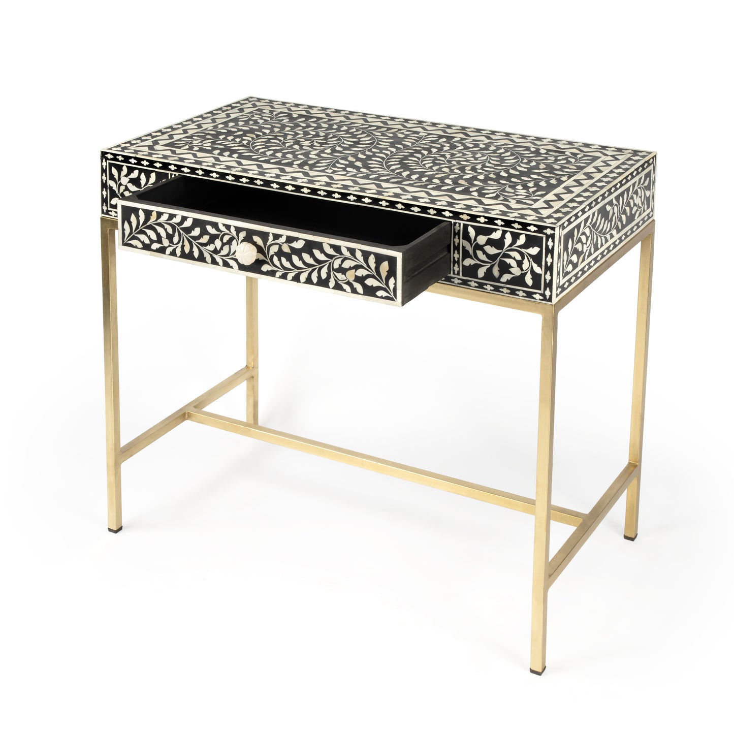 Butler Specialty Company Perilla  36 in. W Rectangular Bone Inlay 1 Drawer Traditional Writing Desk, Black and White, Gold