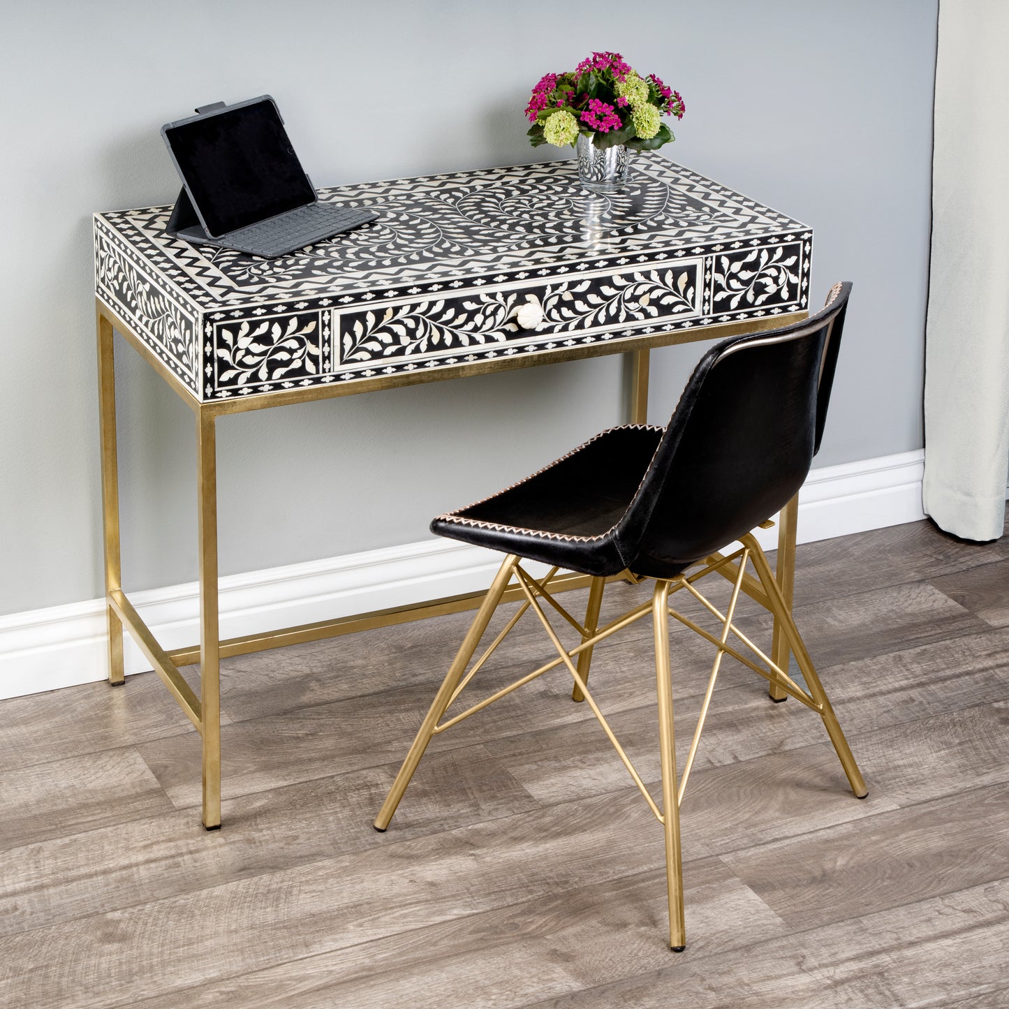 Butler Specialty Company Perilla  36 in. W Rectangular Bone Inlay 1 Drawer Traditional Writing Desk, Black and White, Gold
