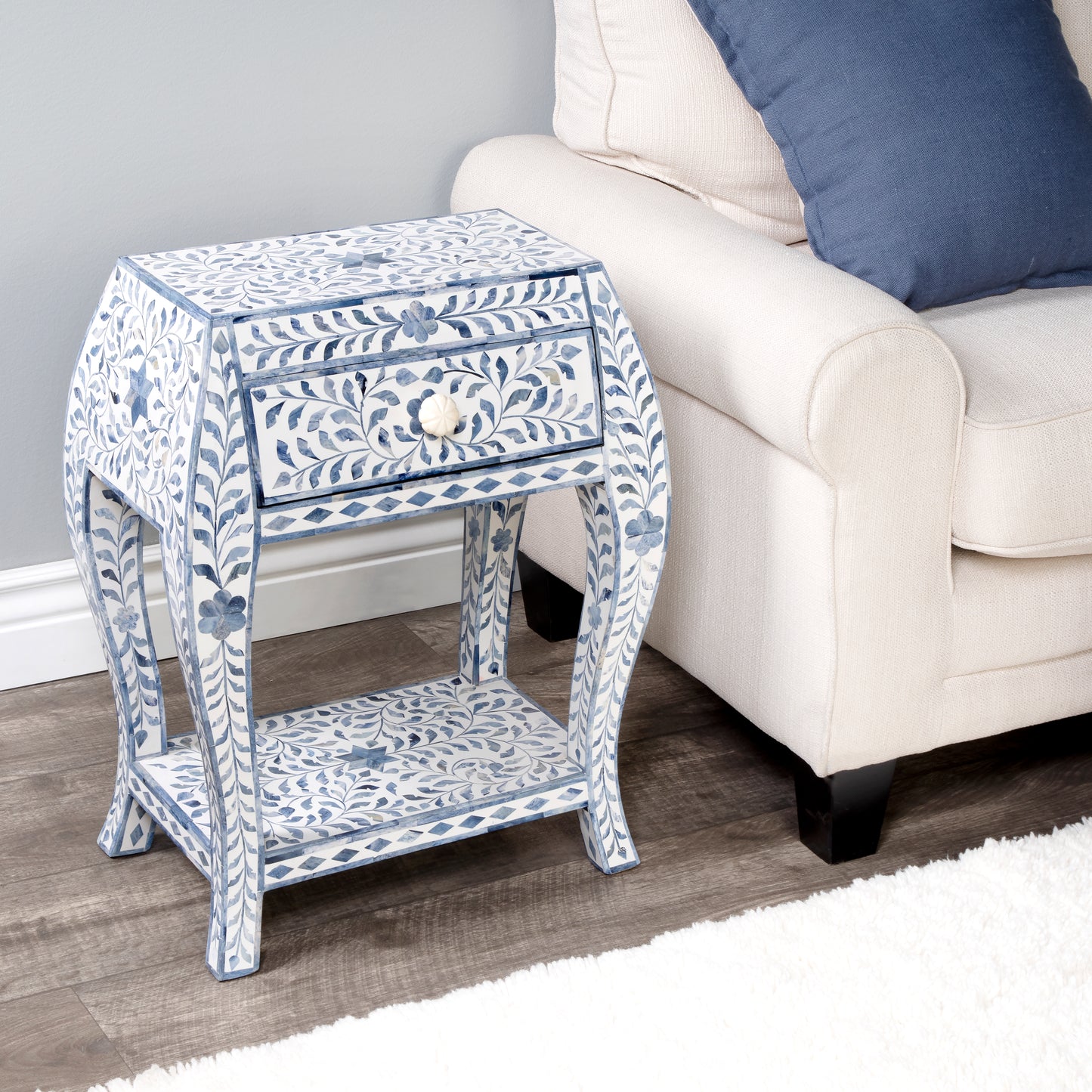 Trubadur and Bone Inlay Side Table in White and Blue 5530417