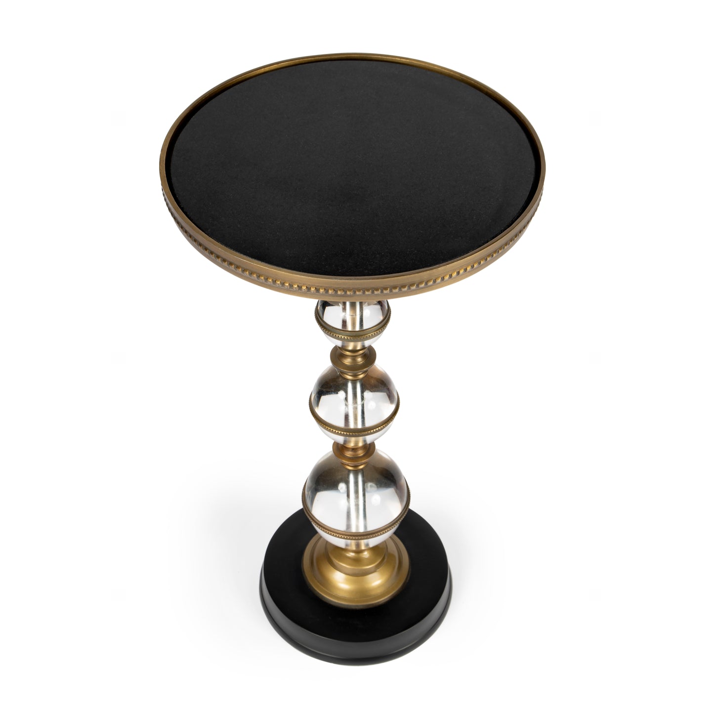 Butler Specialty Company Forella 12 in. W Round Granite, Acrylic and Iron Pedestal Side Table, Black, Bronze, Clear