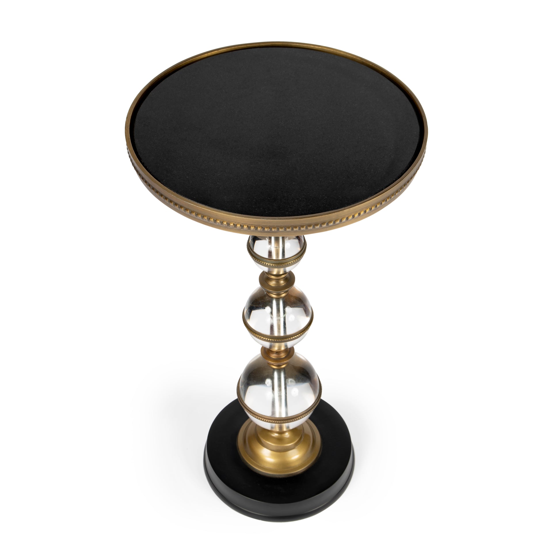 Butler Specialty Company Forella 12 in. W Round Granite, Acrylic and Iron Pedestal Side Table, Black, Bronze, Clear