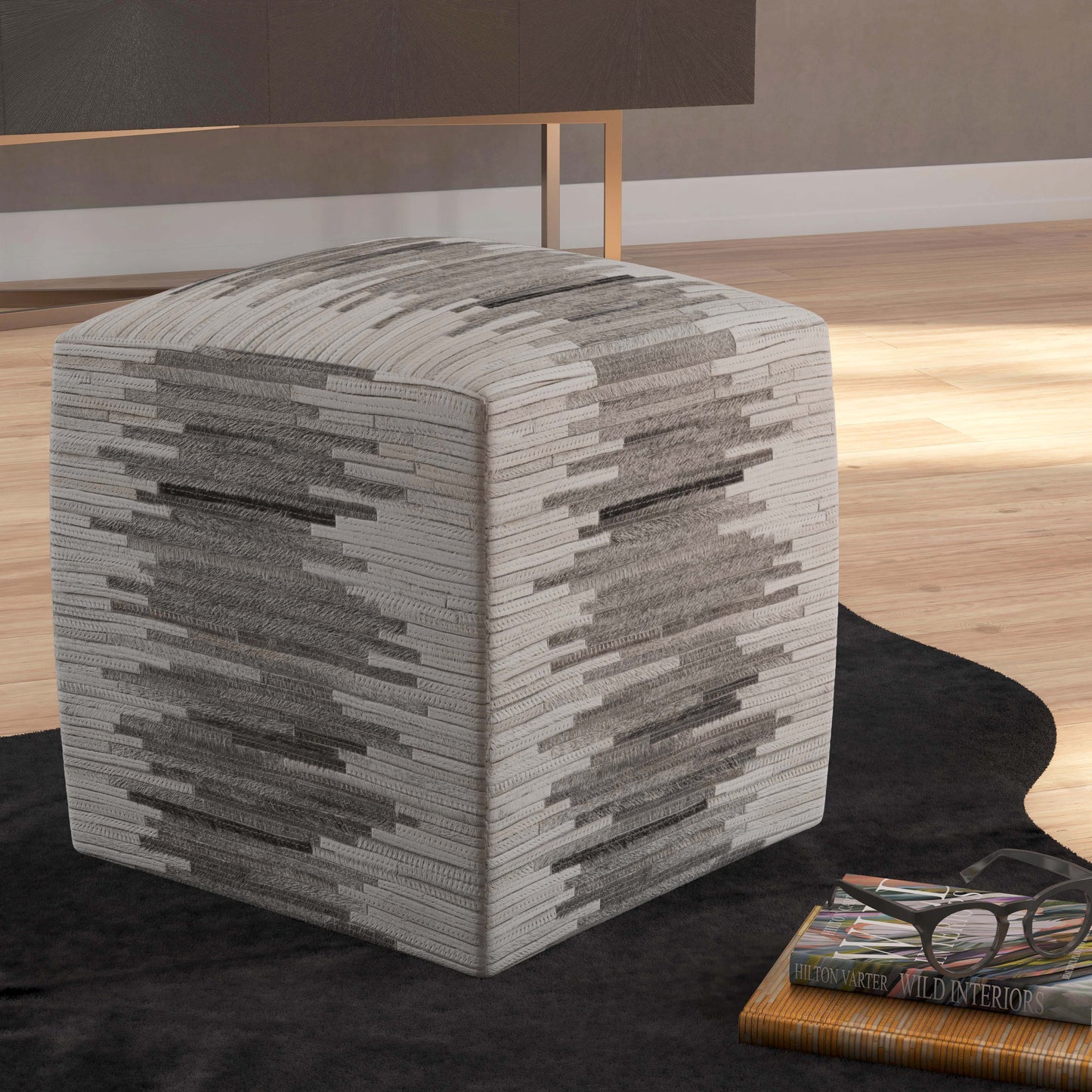 Victorian Hair on Hide Cube Ottoman in Gray 5535148