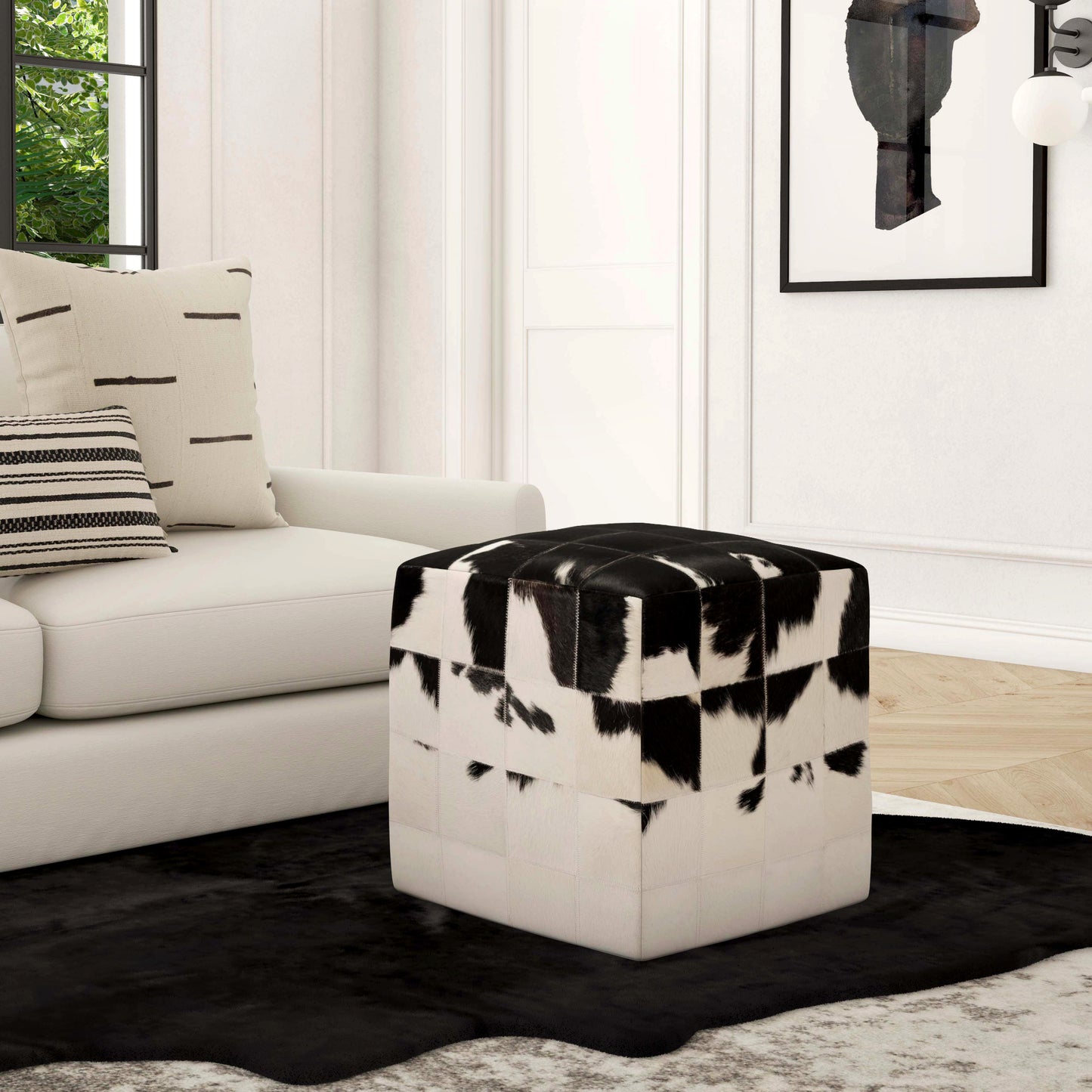 Butler Specialty Company Victorian Hair on Hide Cube Ottoman, Black and White