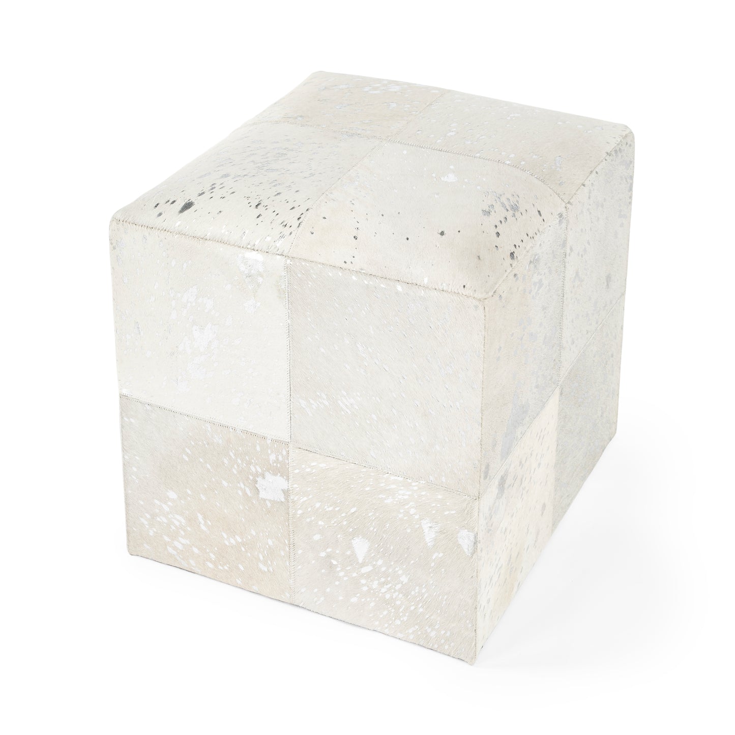 Butler Specialty Company Victorian Hair on Hide with Silver Spots Cube Ottoman, White