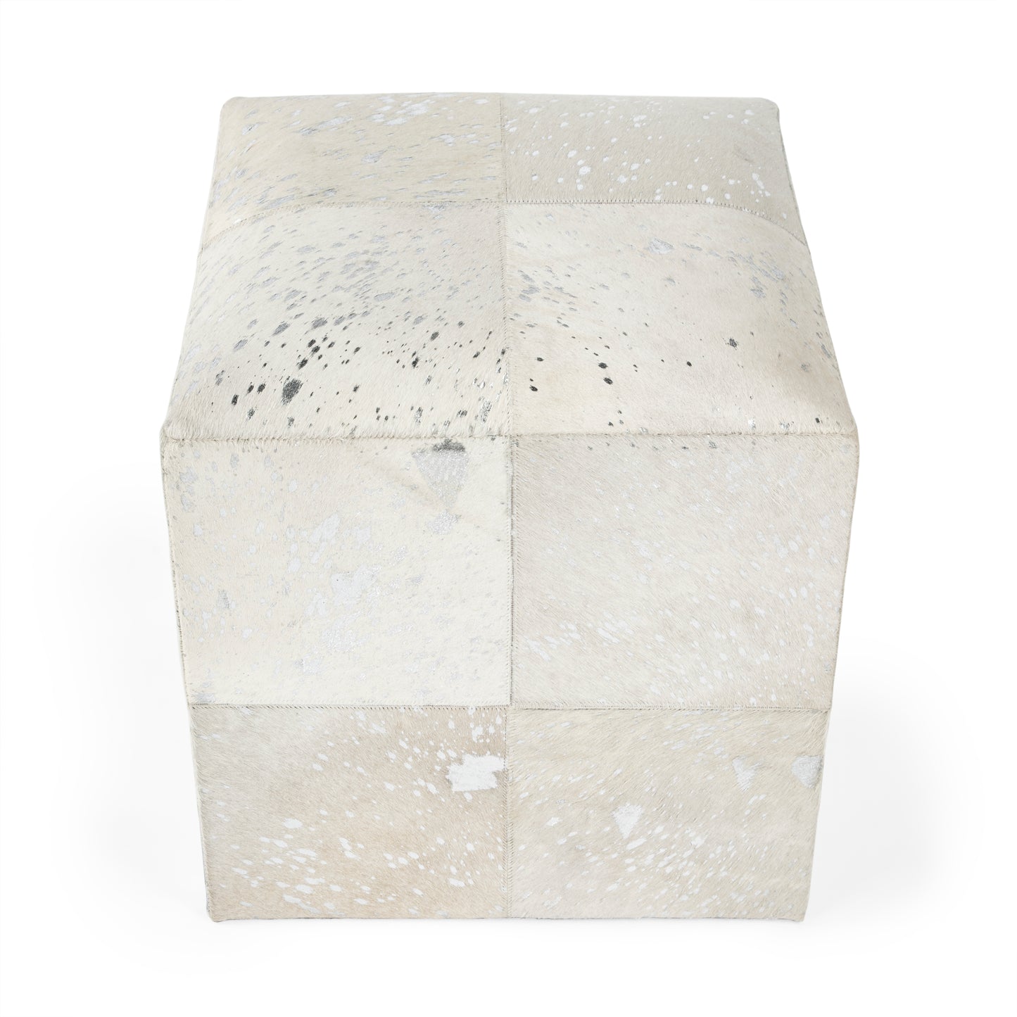 Butler Specialty Company Victorian Hair on Hide with Silver Spots Cube Ottoman, White