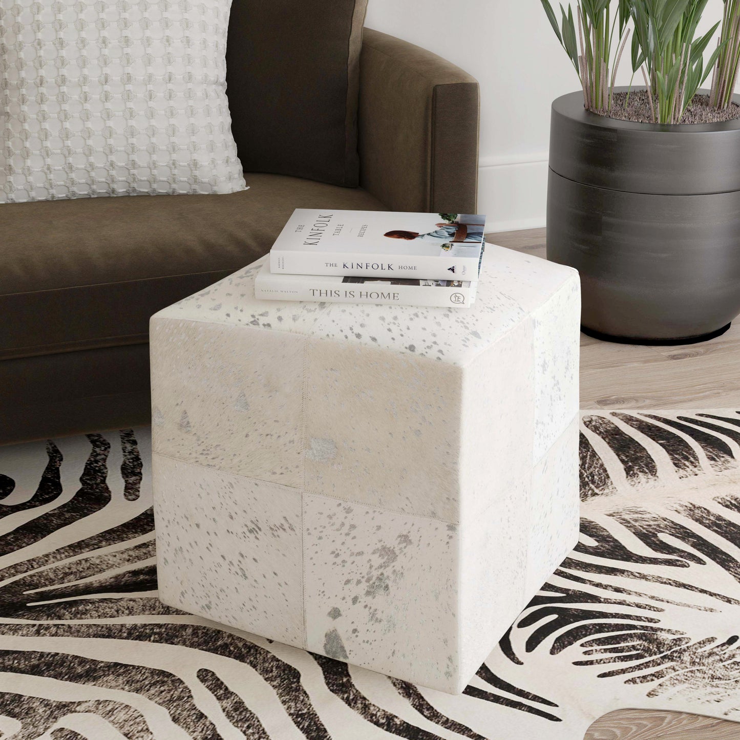 Butler Specialty Company Victorian Hair on Hide with Silver Spots Cube Ottoman, White