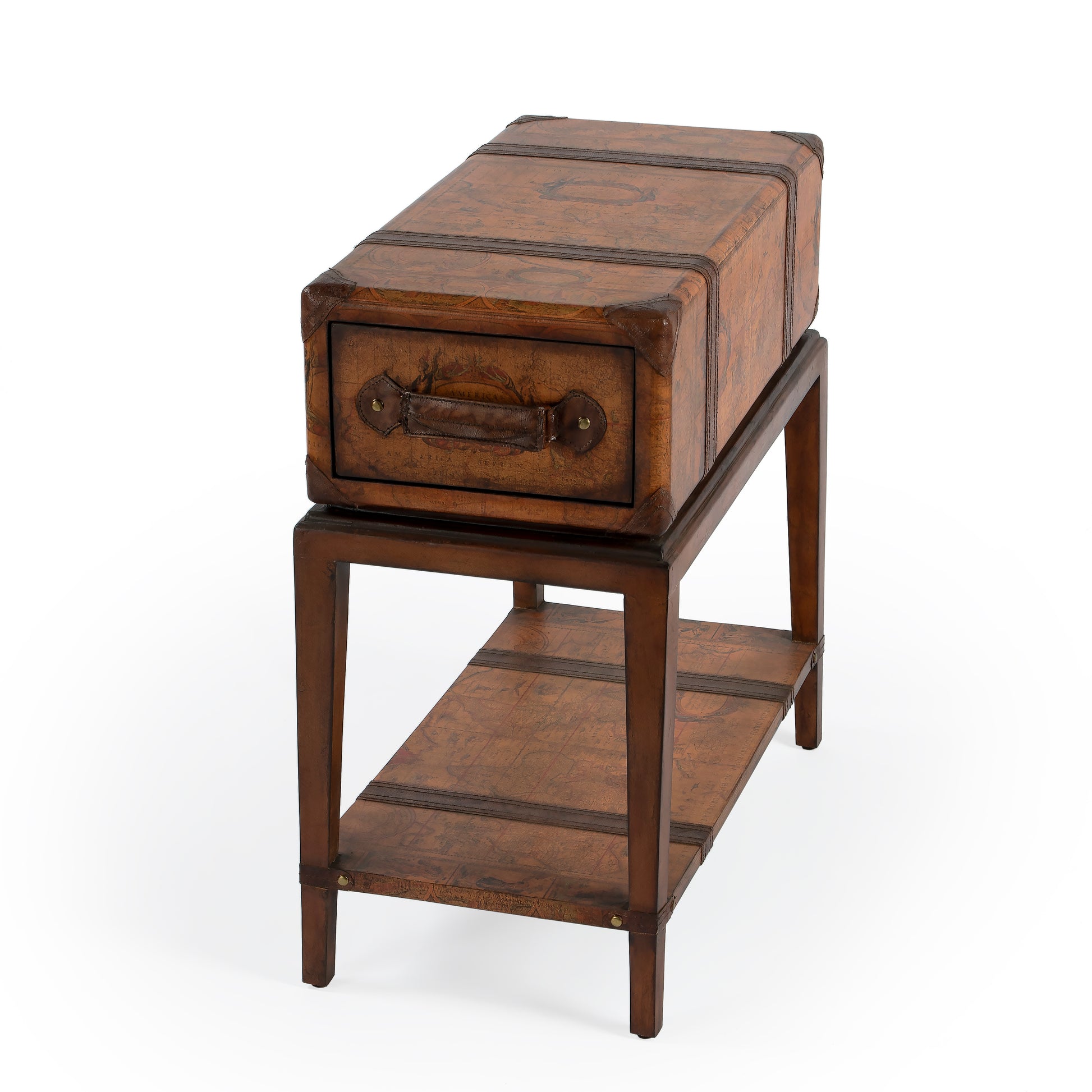 Butler Specialty Company Vasco 24 in. W Rectangular Old World Map 1 Drawer Side Table with Lower Open Shelf, Medium Brown