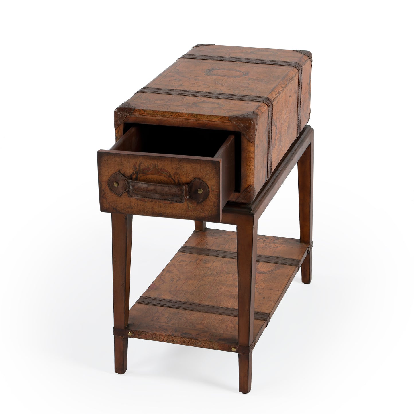 Butler Specialty Company Vasco 24 in. W Rectangular Old World Map 1 Drawer Side Table with Lower Open Shelf, Medium Brown