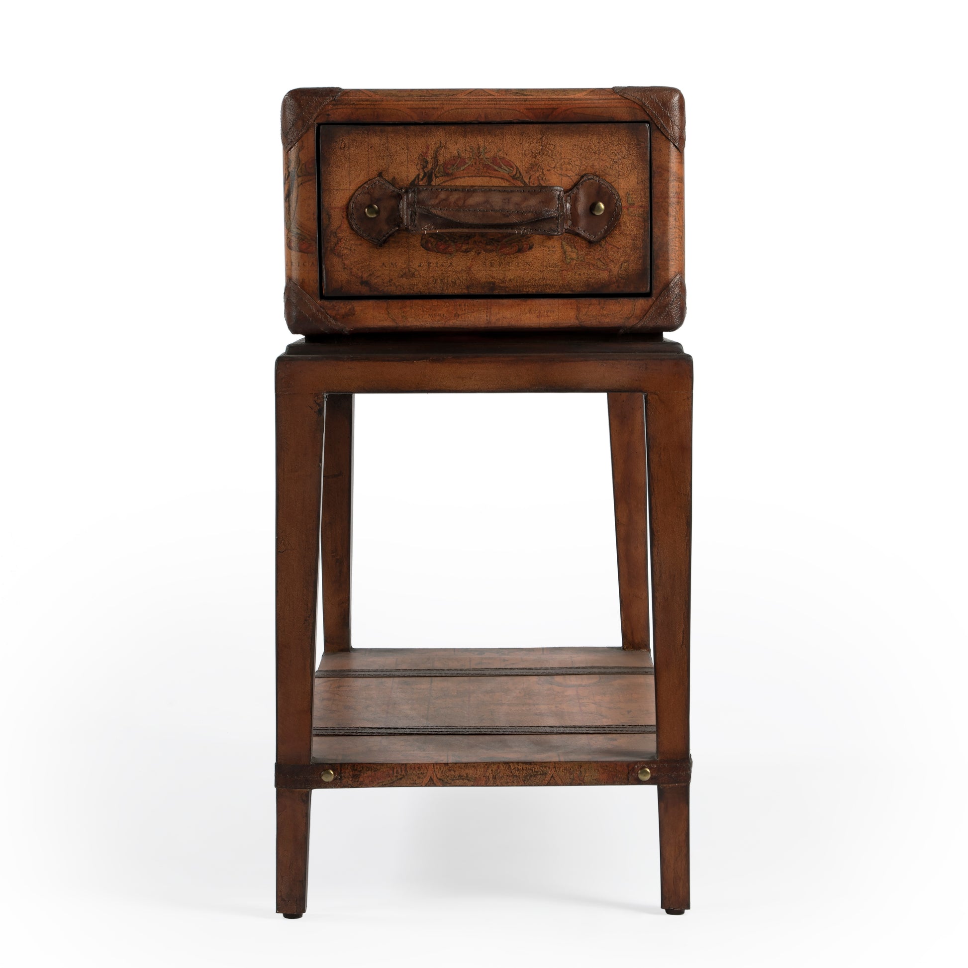 Butler Specialty Company Vasco 24 in. W Rectangular Old World Map 1 Drawer Side Table with Lower Open Shelf, Medium Brown