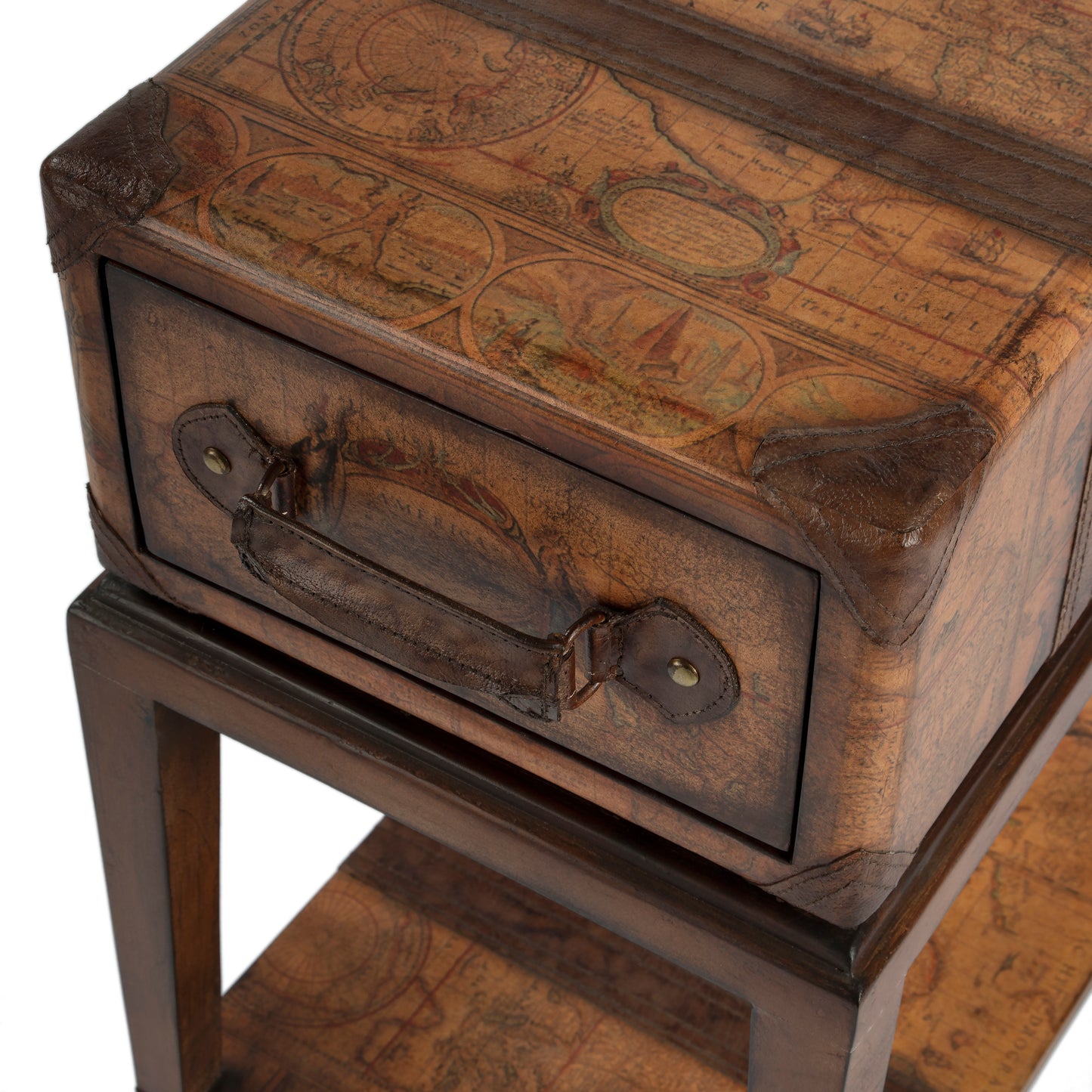 Butler Specialty Company Vasco 24 in. W Rectangular Old World Map 1 Drawer Side Table with Lower Open Shelf, Medium Brown