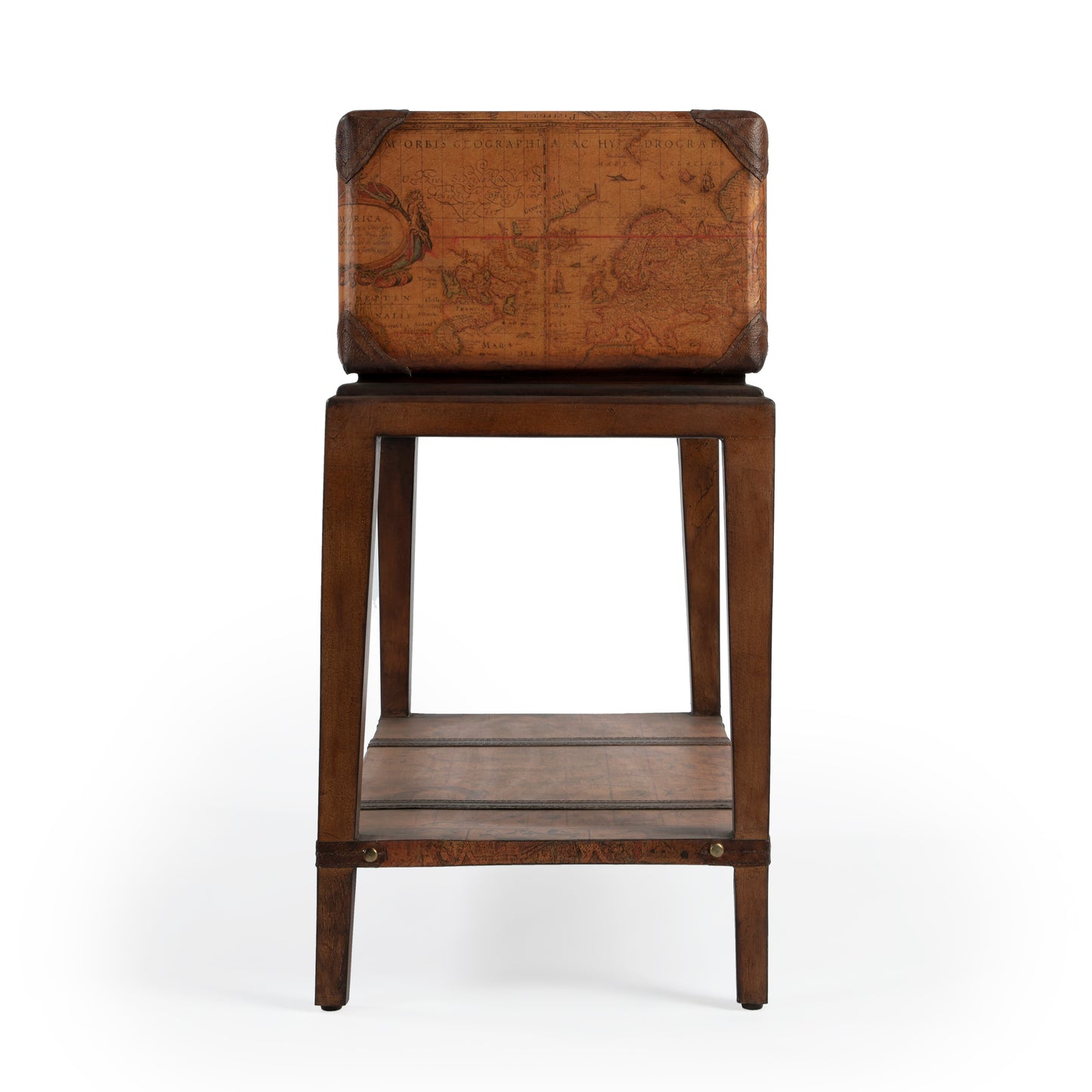 Butler Specialty Company Vasco 24 in. W Rectangular Old World Map 1 Drawer Side Table with Lower Open Shelf, Medium Brown