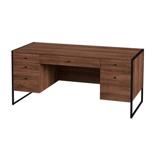 Butler Specialty Company Drake 64 in. W Rectangular Iron and Wood 6 Drawer Executive Desk, Medium Brown