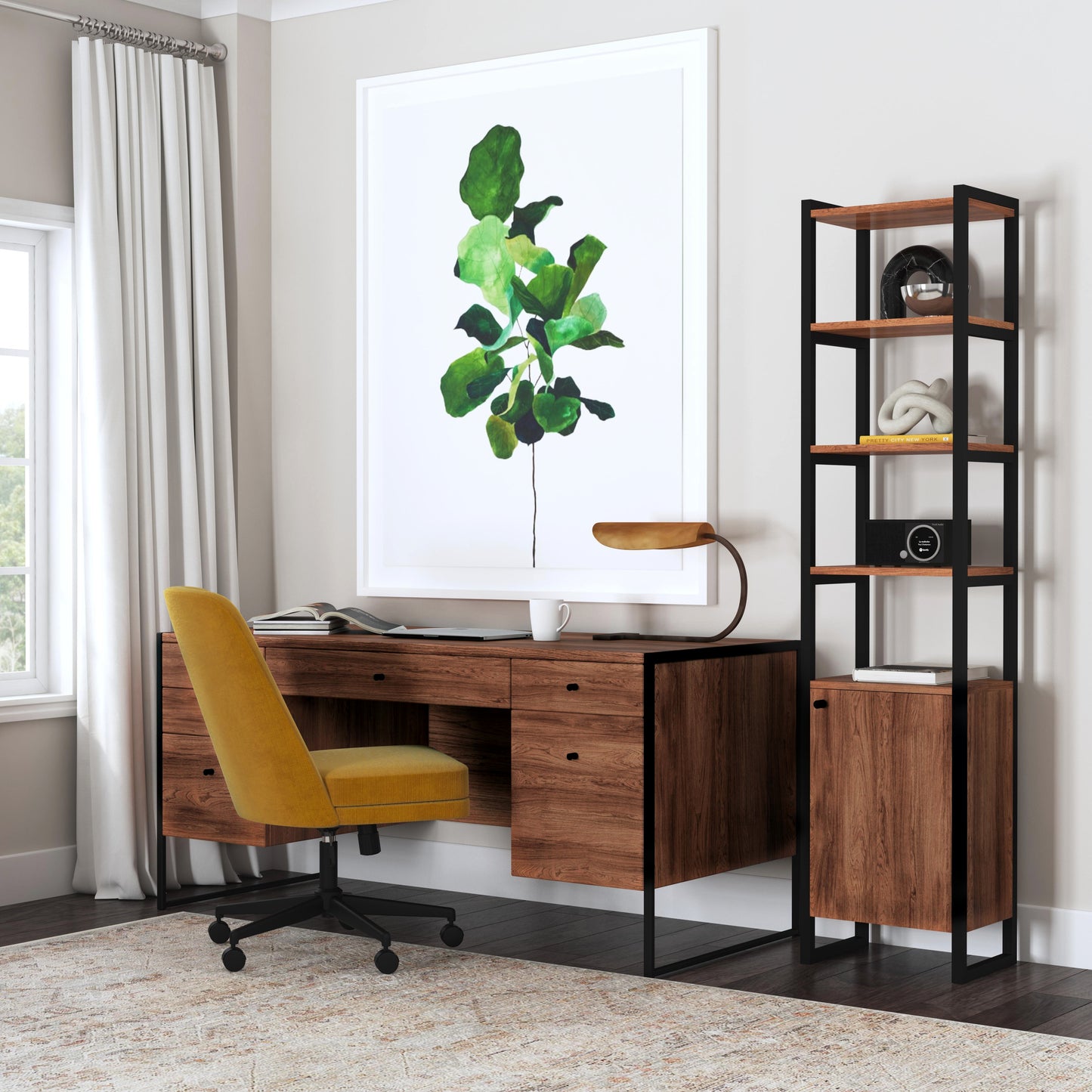 Butler Specialty Company Drake 64 in. W Rectangular Iron and Wood 6 Drawer Executive Desk, Medium Brown