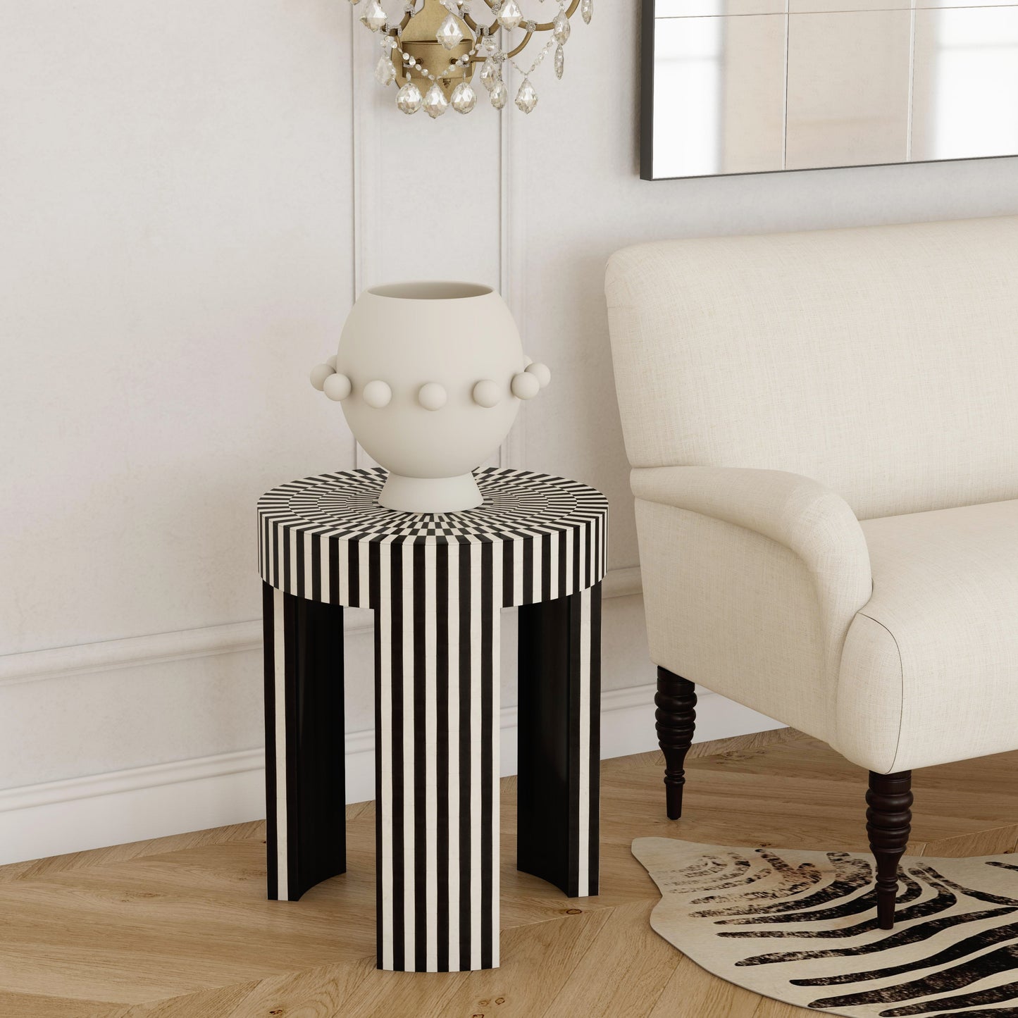 Butler Specialty Company Rimma 18 in. W Round Bone Inlay 3 Leg Modern Side Table, Black and White