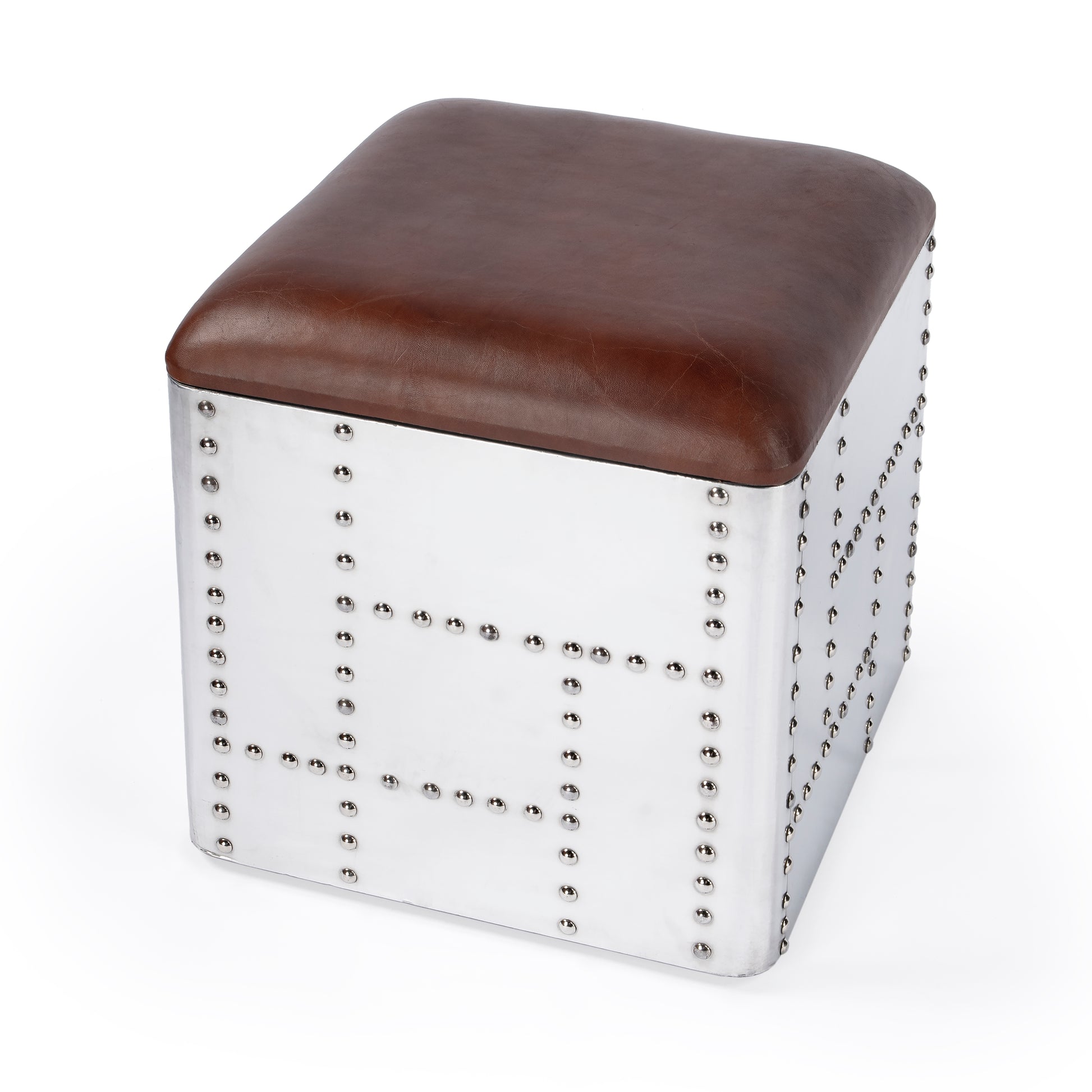 Butler Specialty Company Midway 18 in. W Square Wood and Metal Aviator Themed Leather Storage Ottoman, Medium Brown